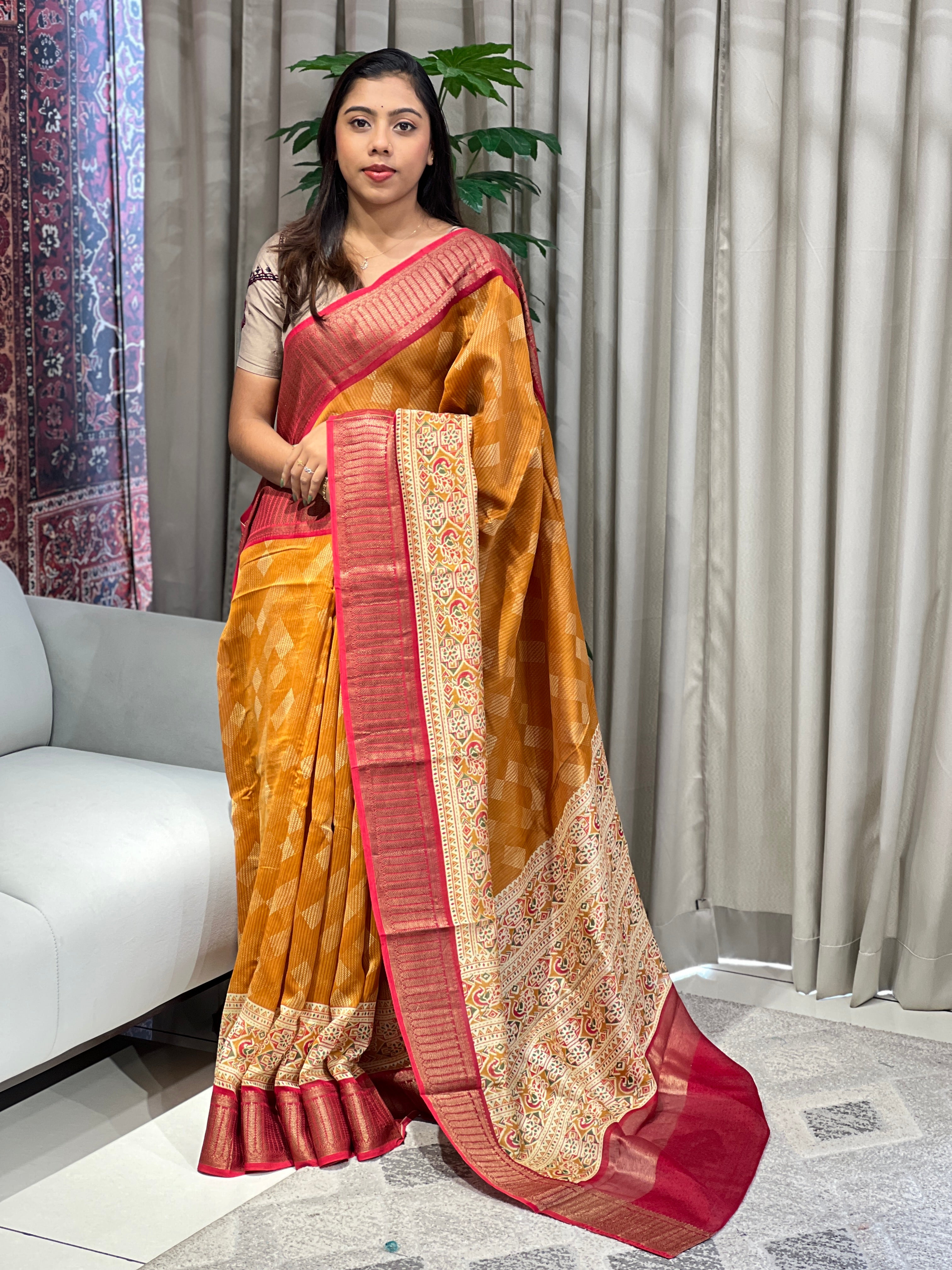 Geometric Printed Chanderi Saree | RGD961R
