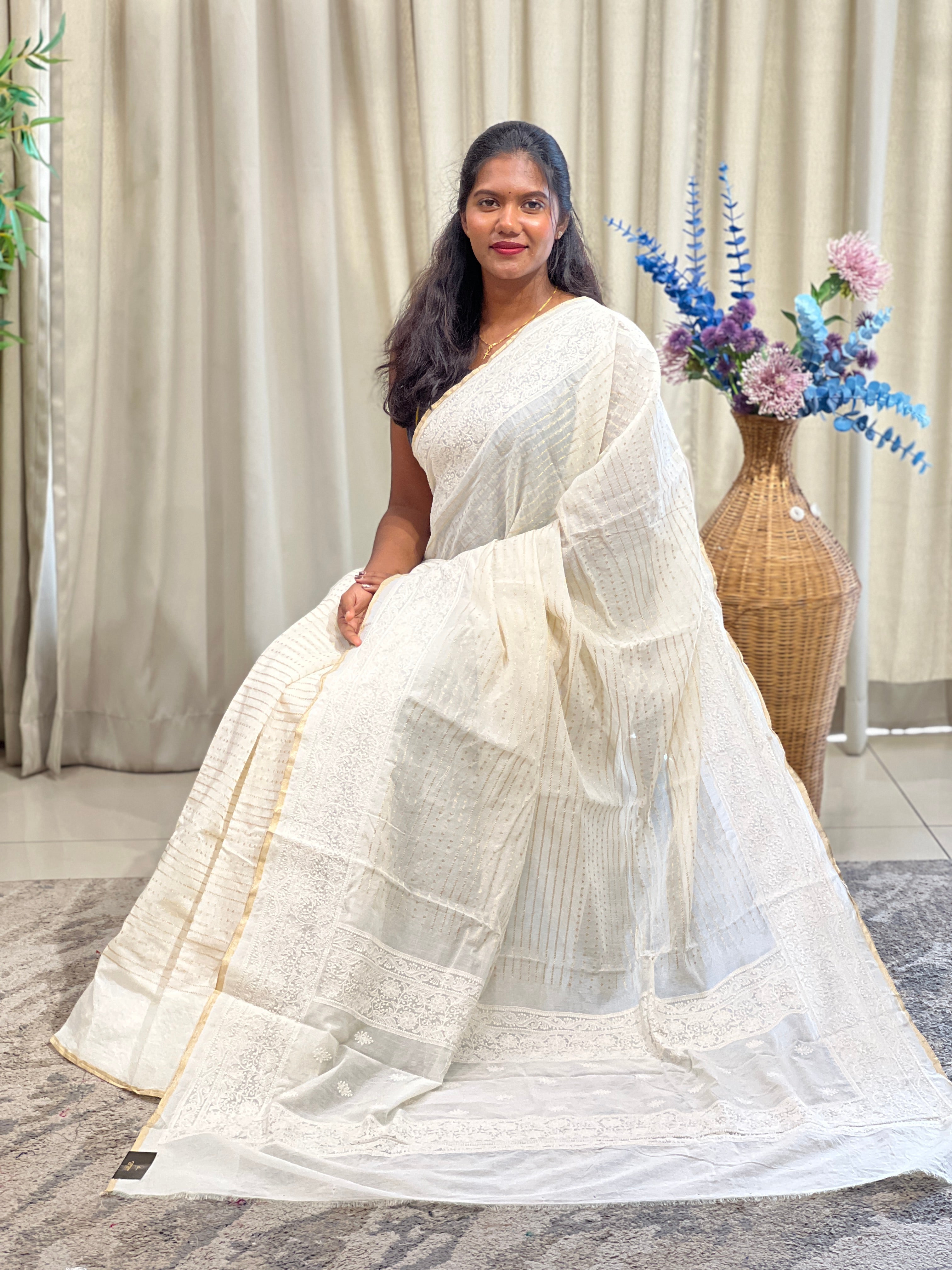Lucknowi Embroidery Border Pattern Chanderi Saree | MM633