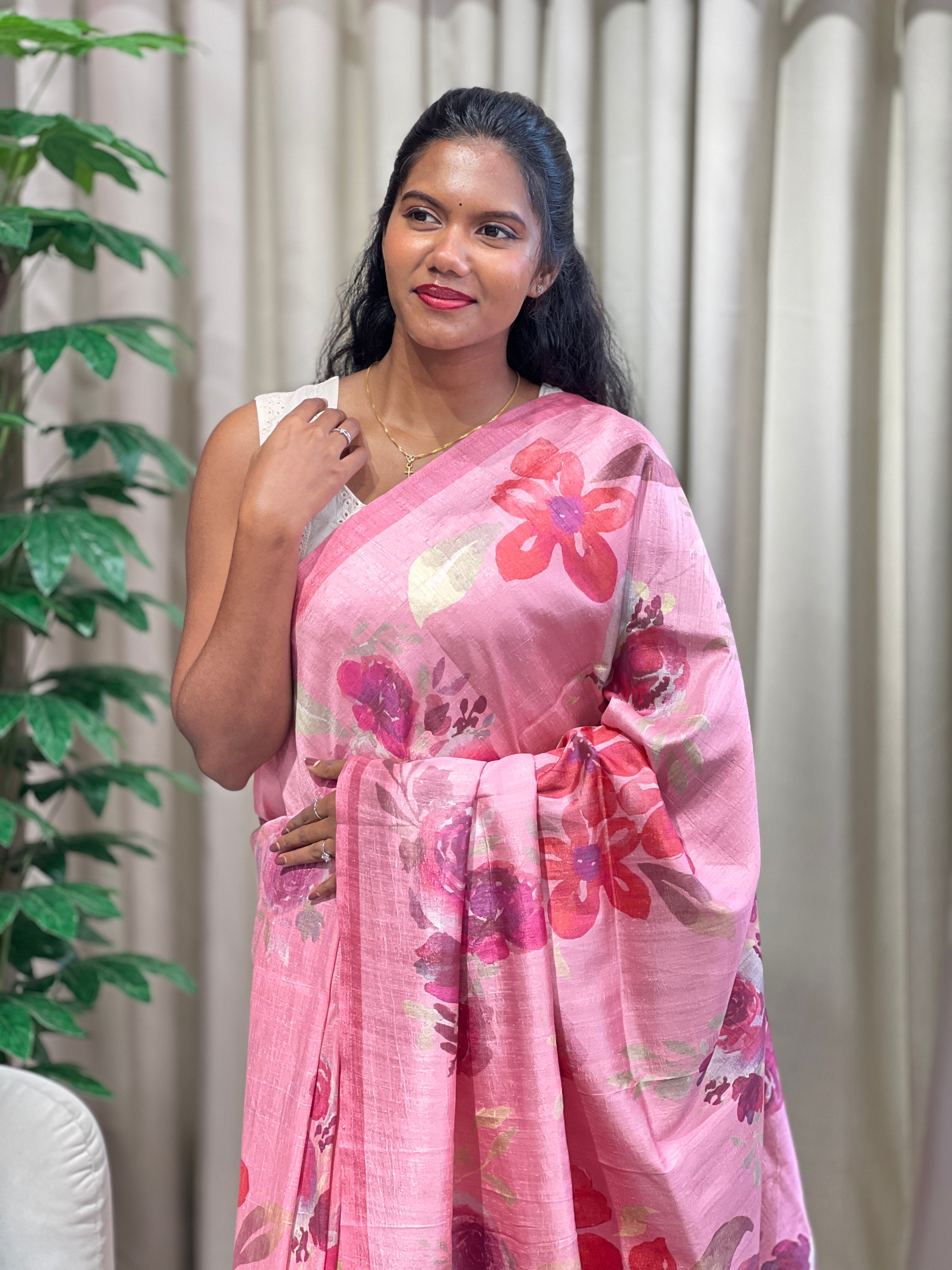 Floral Printed Tussar Finish Saree | SSN446