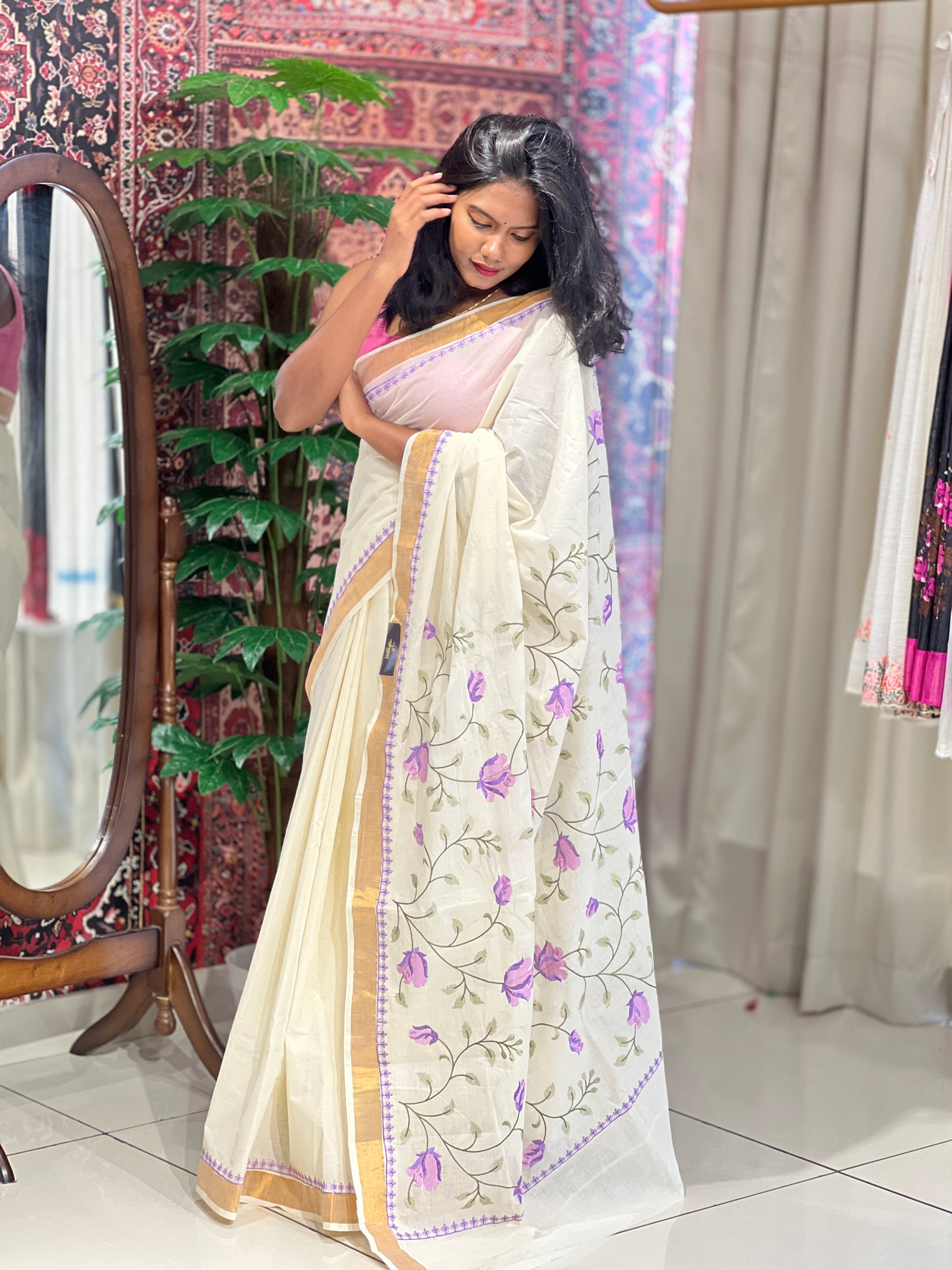 Machine Embroidery Detailed Kerala Cotton Saree | JSC280