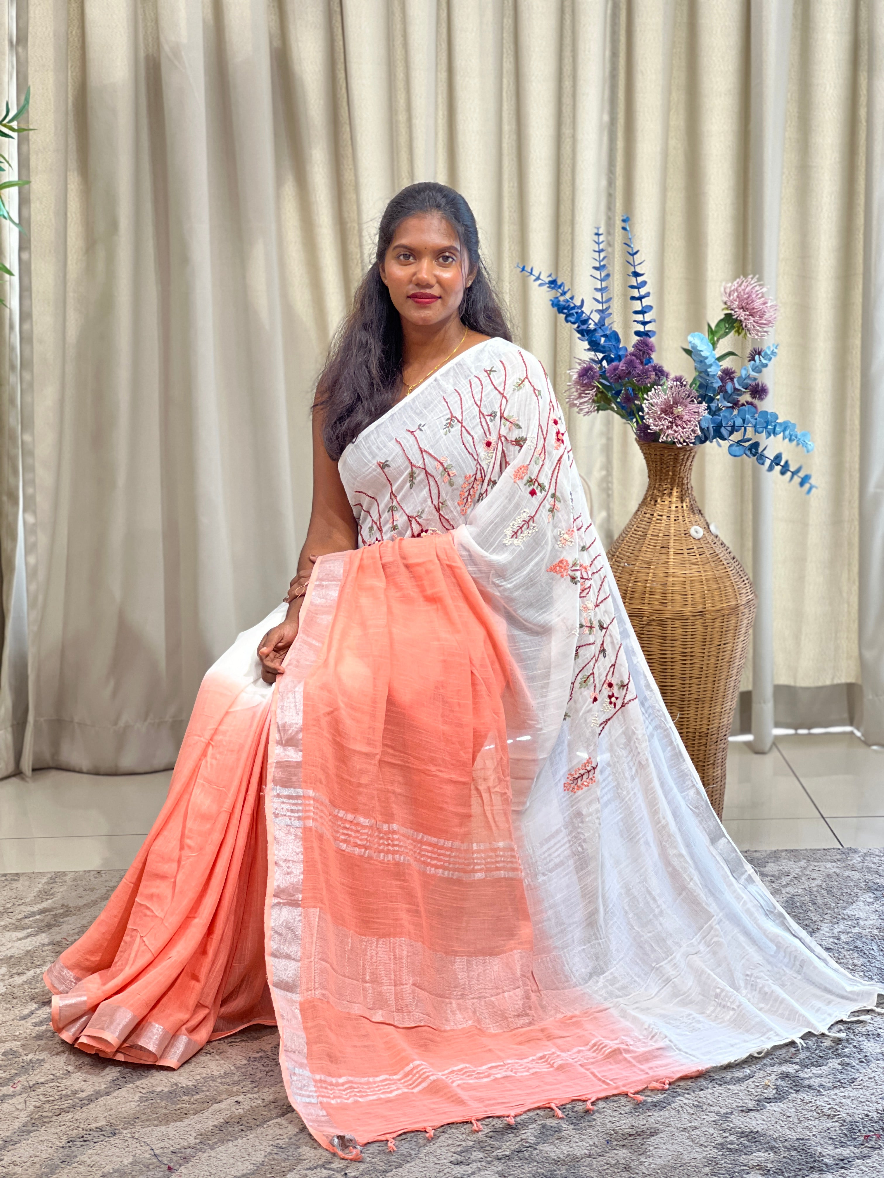 Hand Embroidered Bhagalpuri Linen Saree | RP876