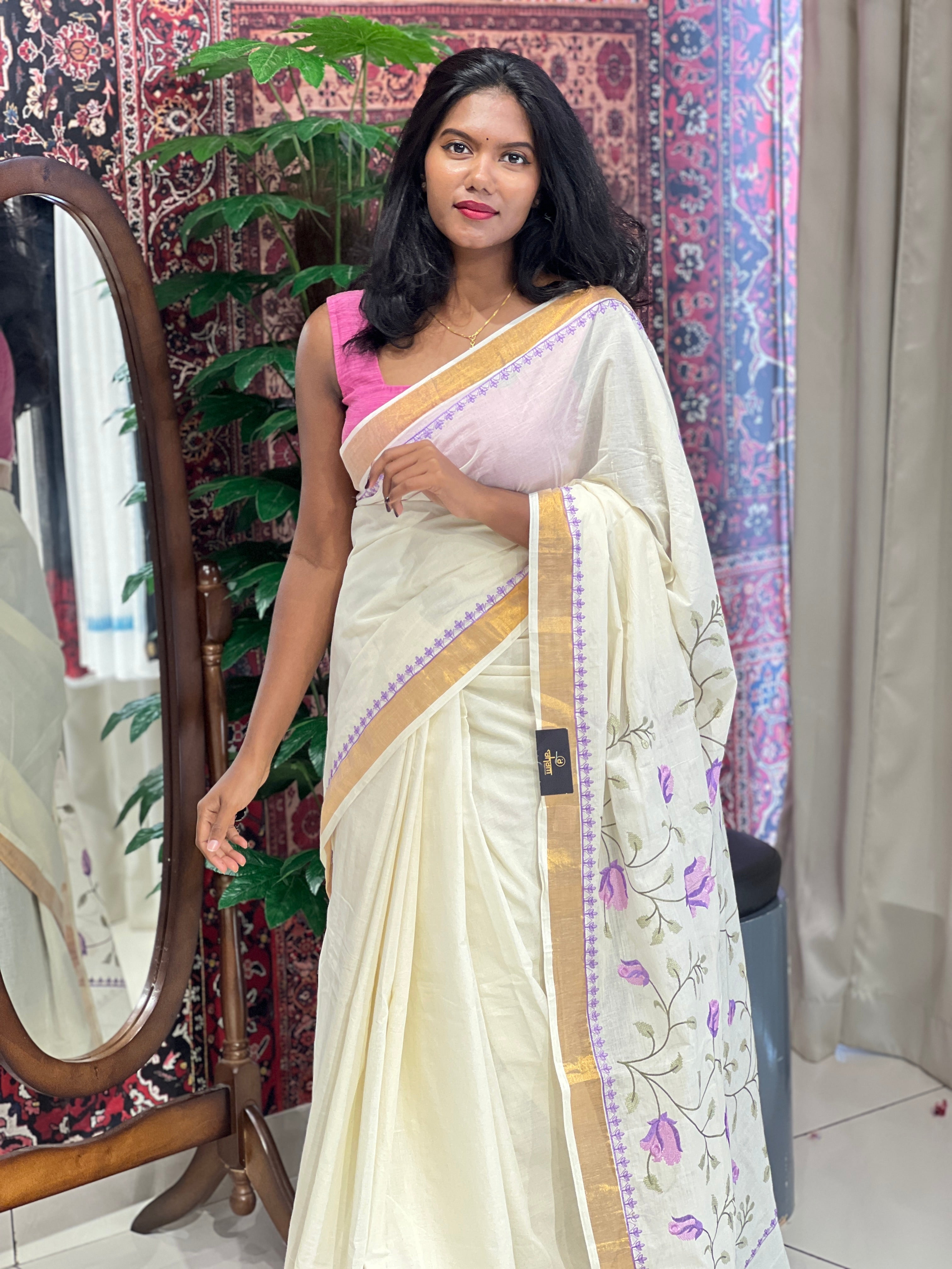 Machine Embroidery Detailed Kerala Cotton Saree | JSC280