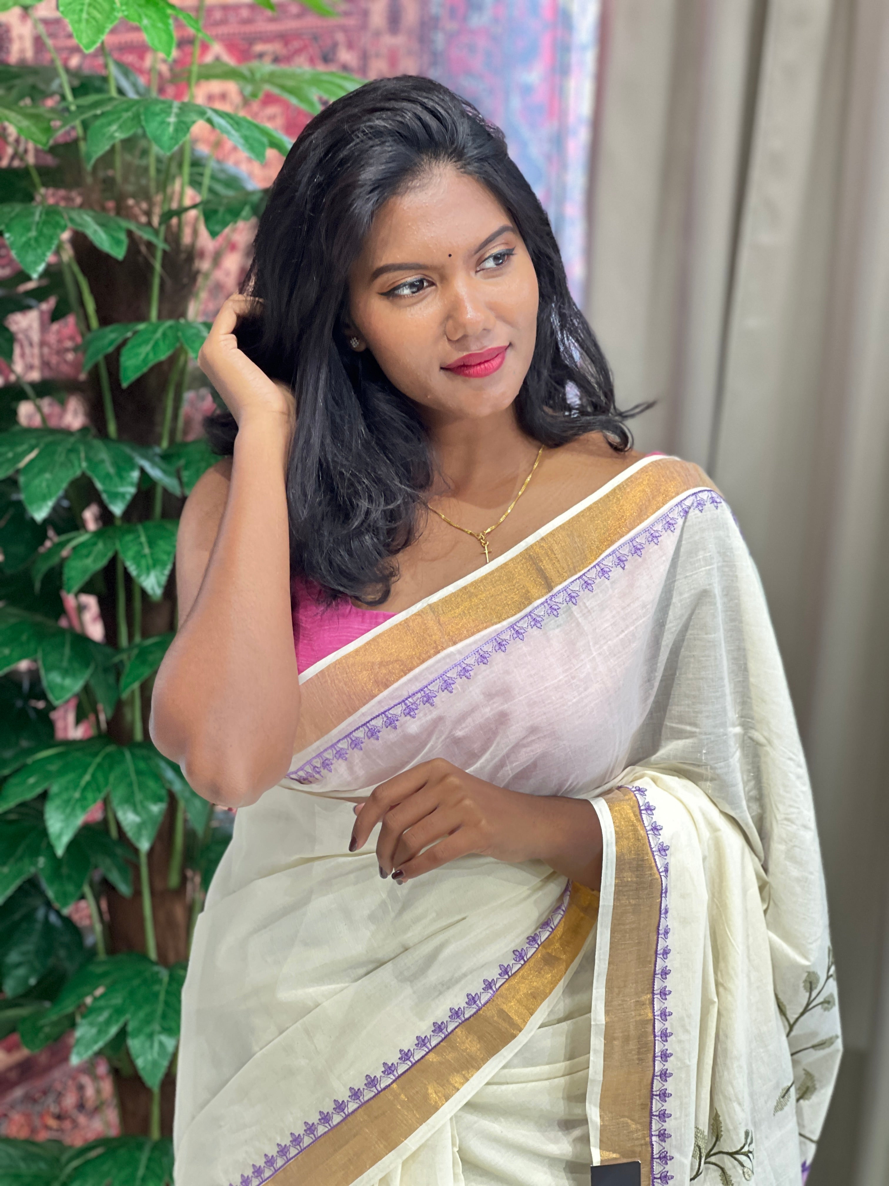 Machine Embroidery Detailed Kerala Cotton Saree | JSC280