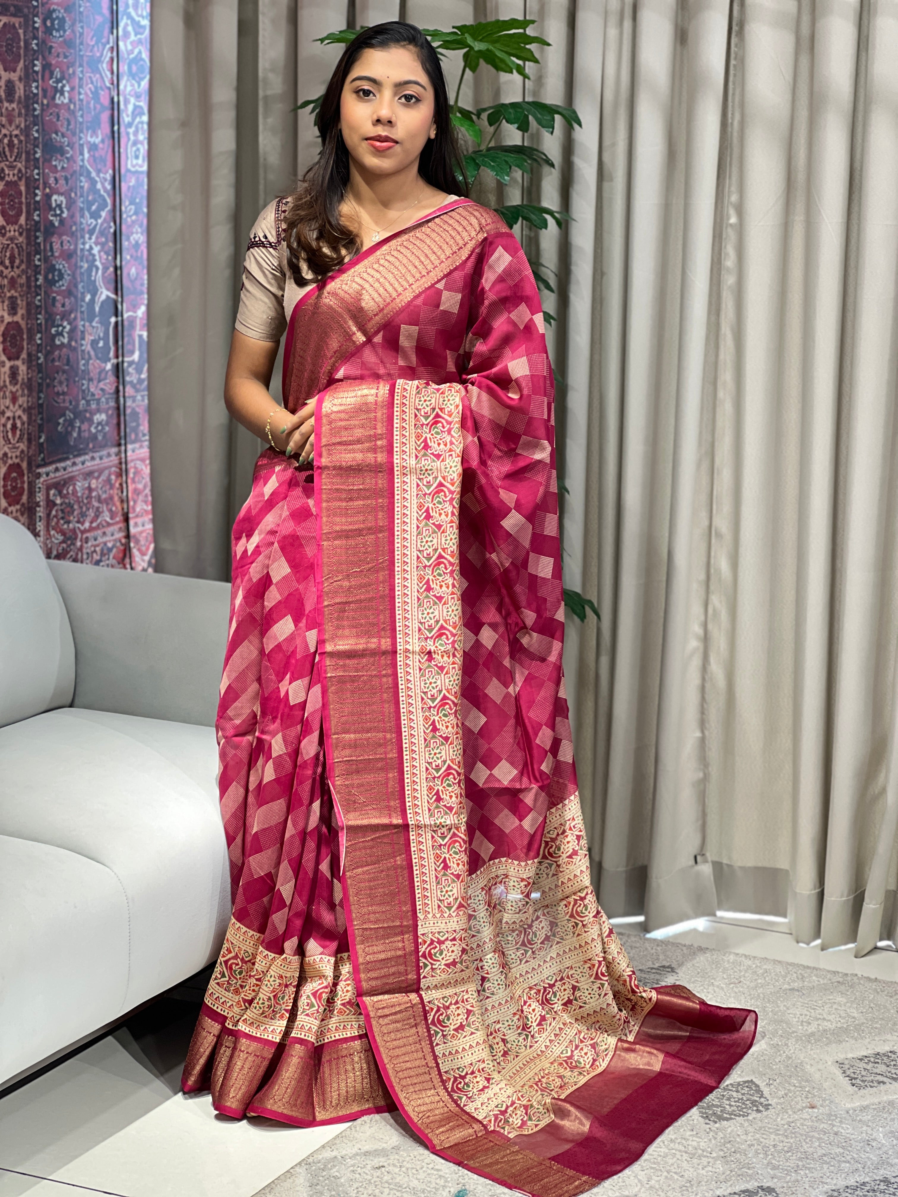 Geometric Printed Chanderi Saree | RGD964R