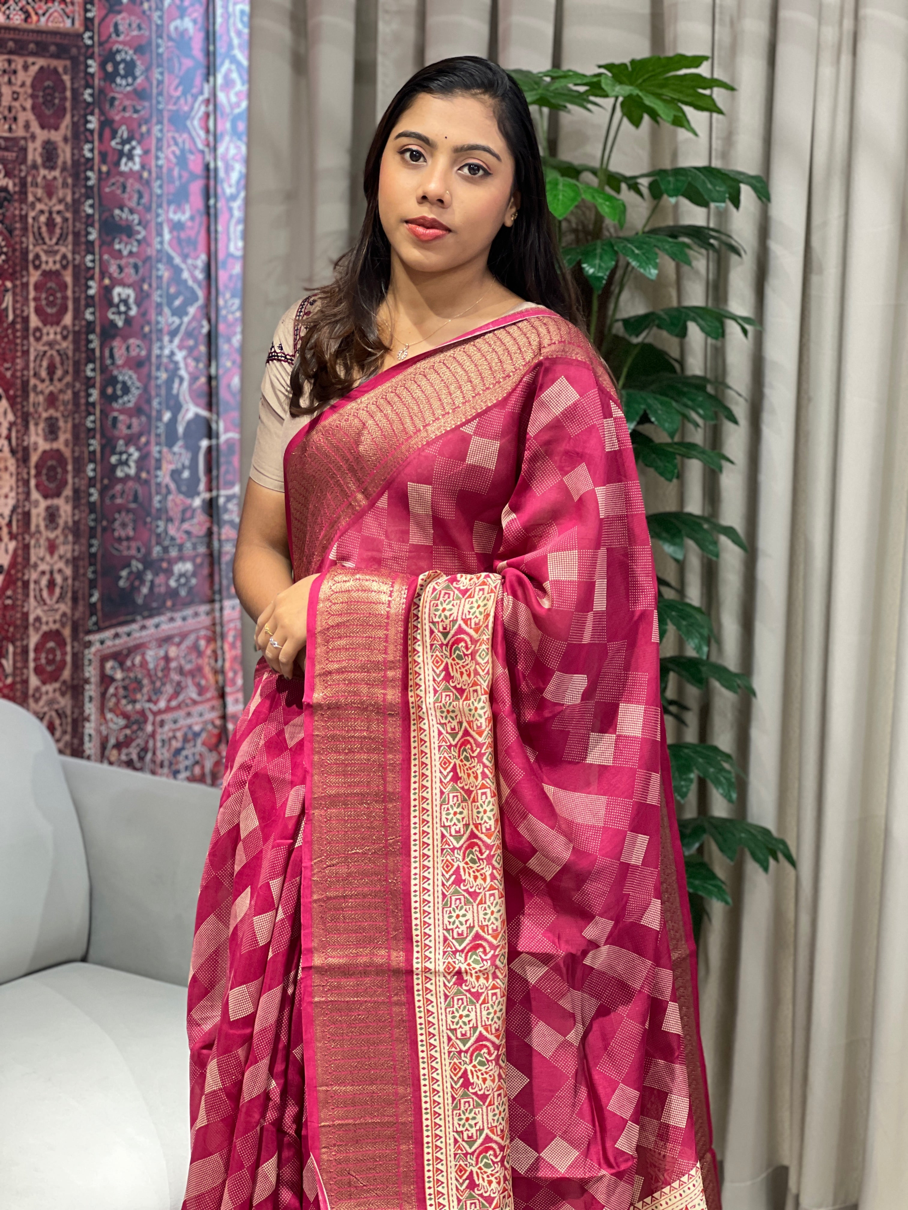 Geometric Printed Chanderi Saree | RGD964R