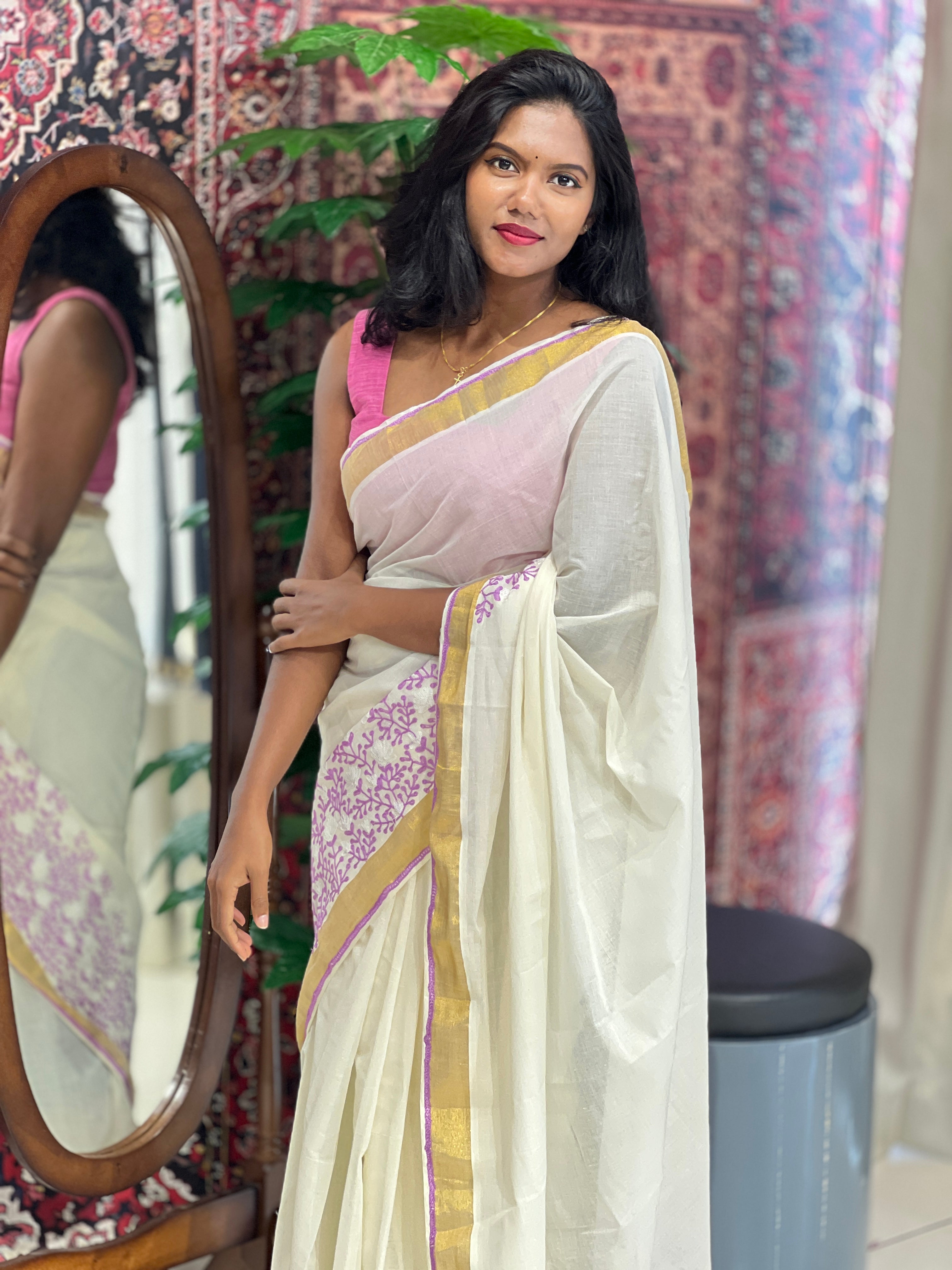 Machine Embroidery Detailed Kerala Cotton Saree | JSC294