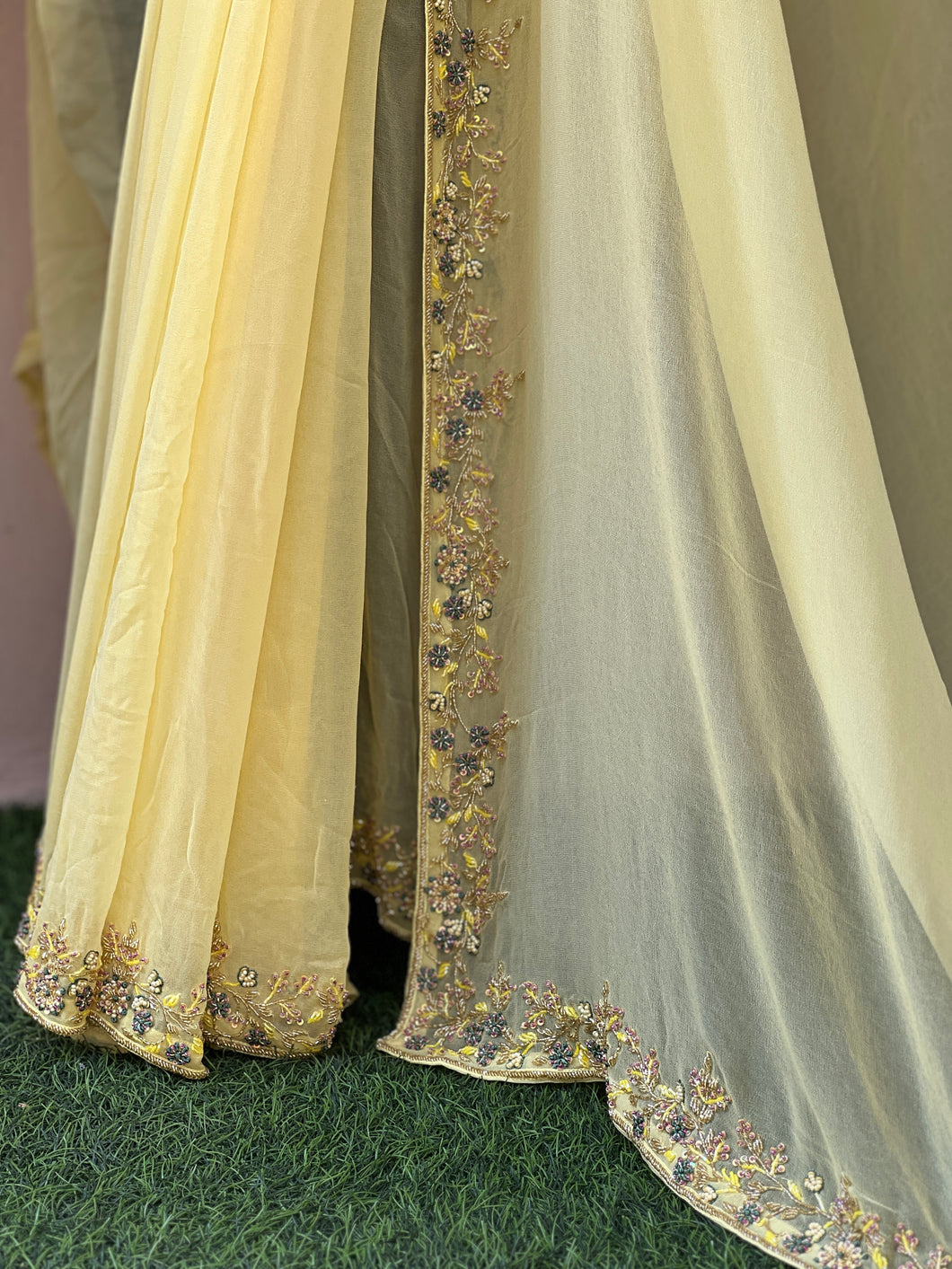 Yellow Color Beads Embroidery Georgette Saree | DSA103