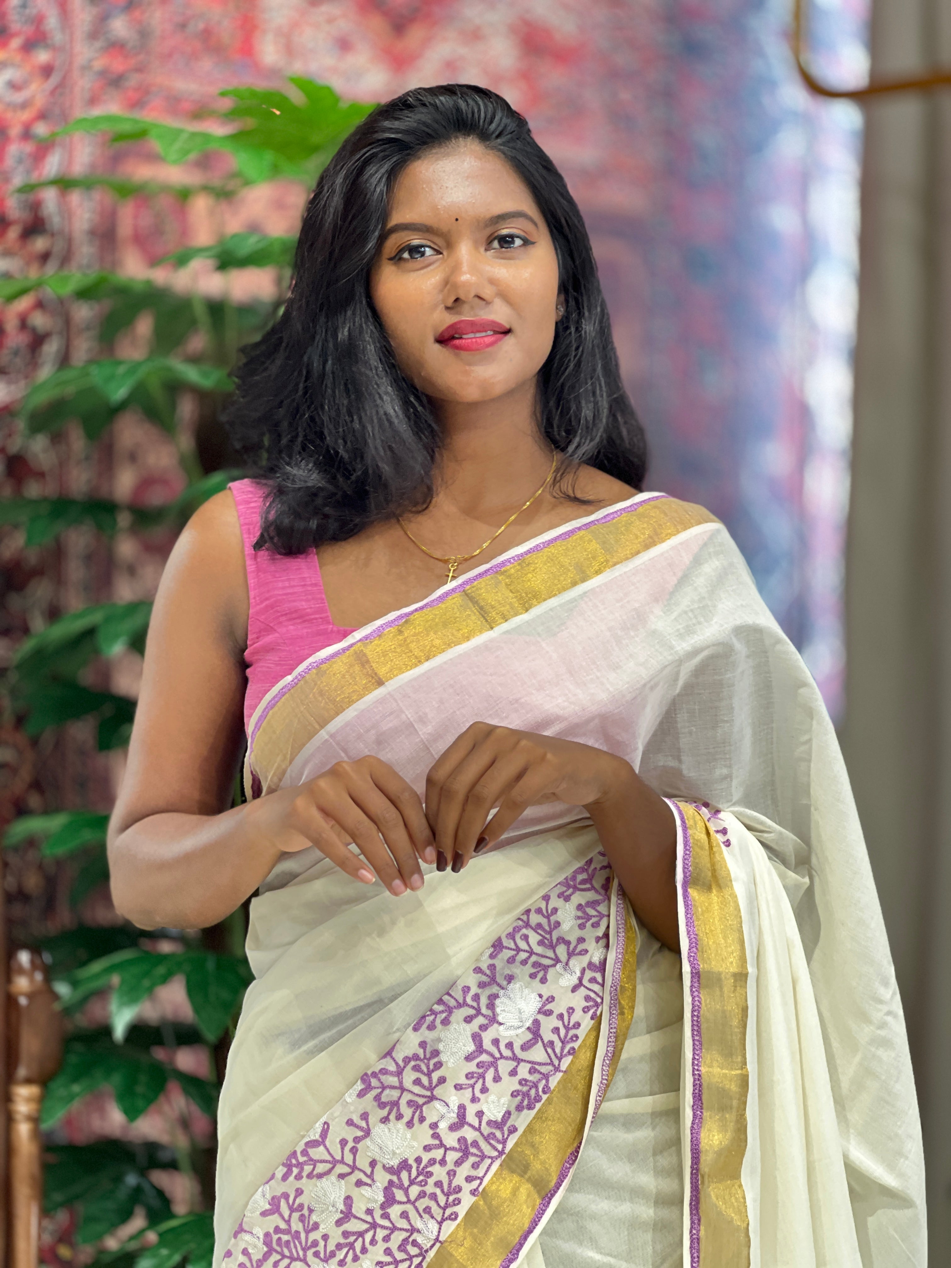 Machine Embroidery Detailed Kerala Cotton Saree | JSC294