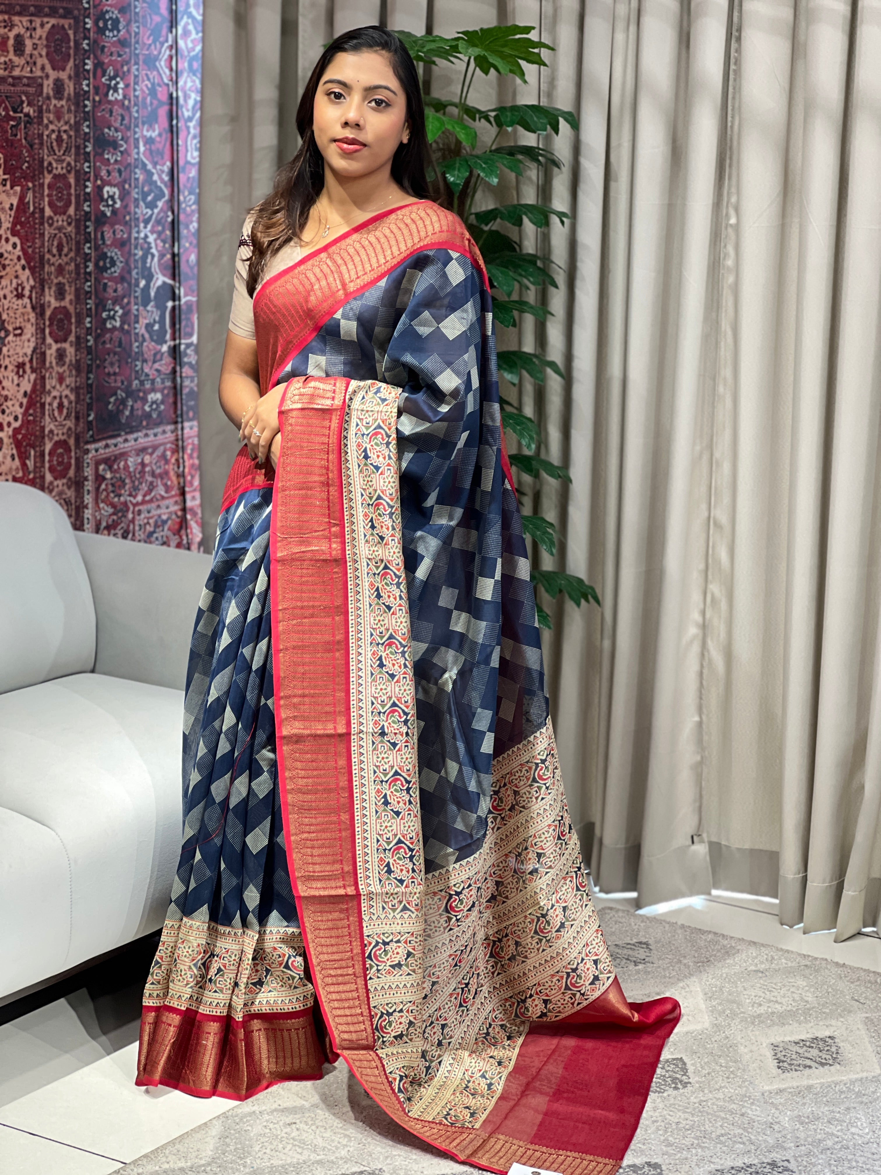 Geometric Printed Chanderi Saree | RGD965R
