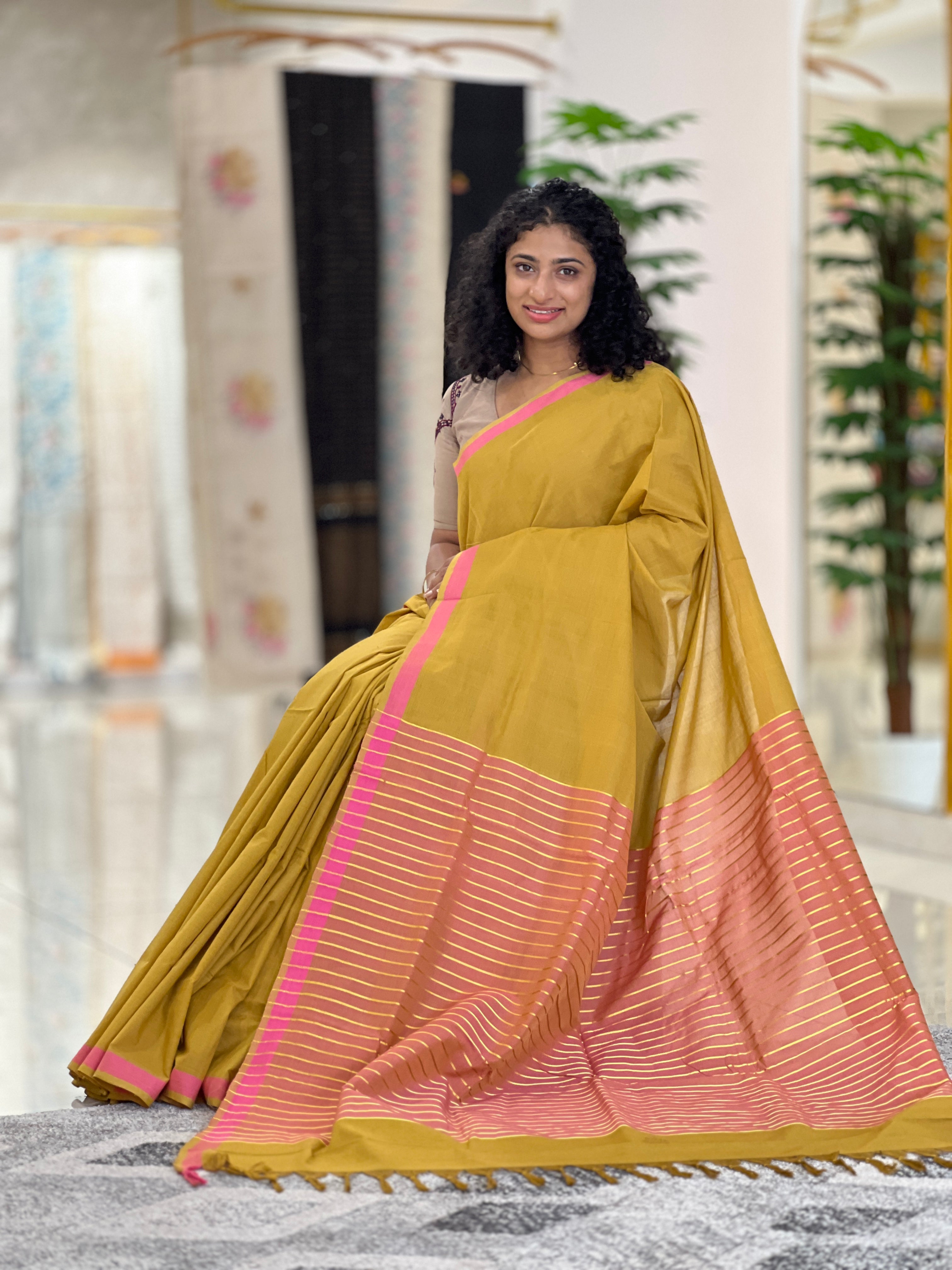 Golden Zari Stripe Detailed Cotton Saree | PH258