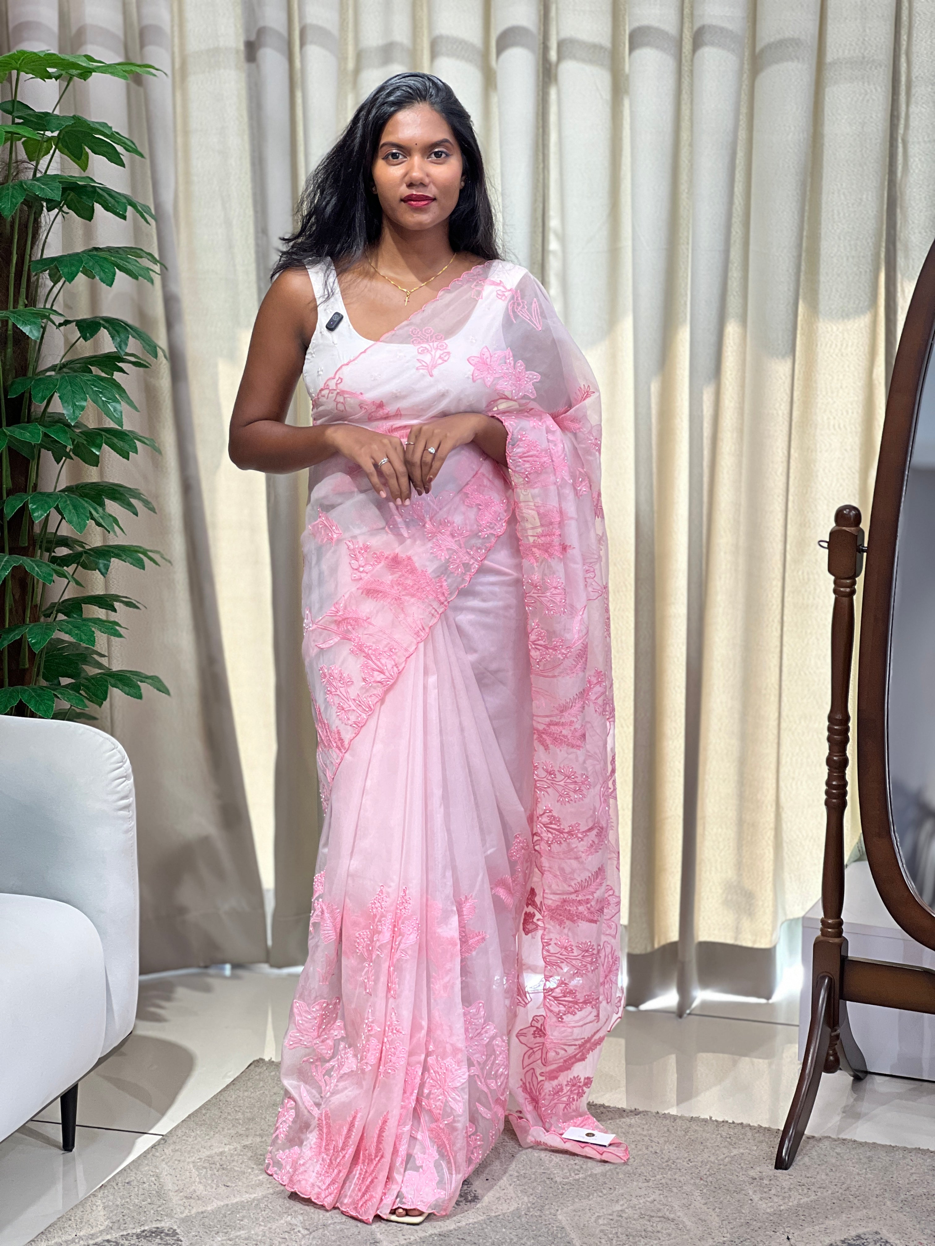 Floral Machine Embroidery And Applique Work Detailed Organza Saree | MM170