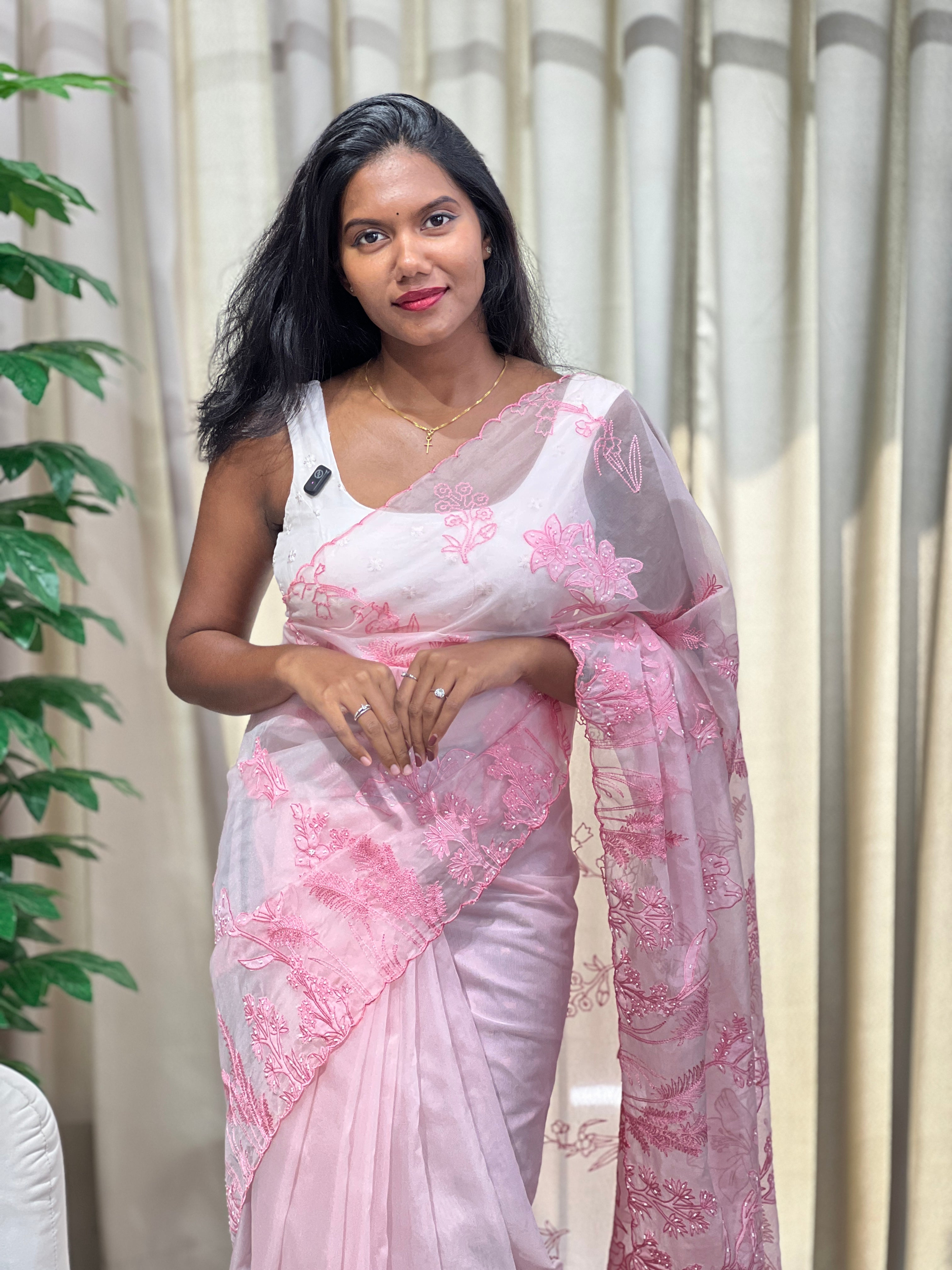 Floral Machine Embroidery And Applique Work Detailed Organza Saree | MM170