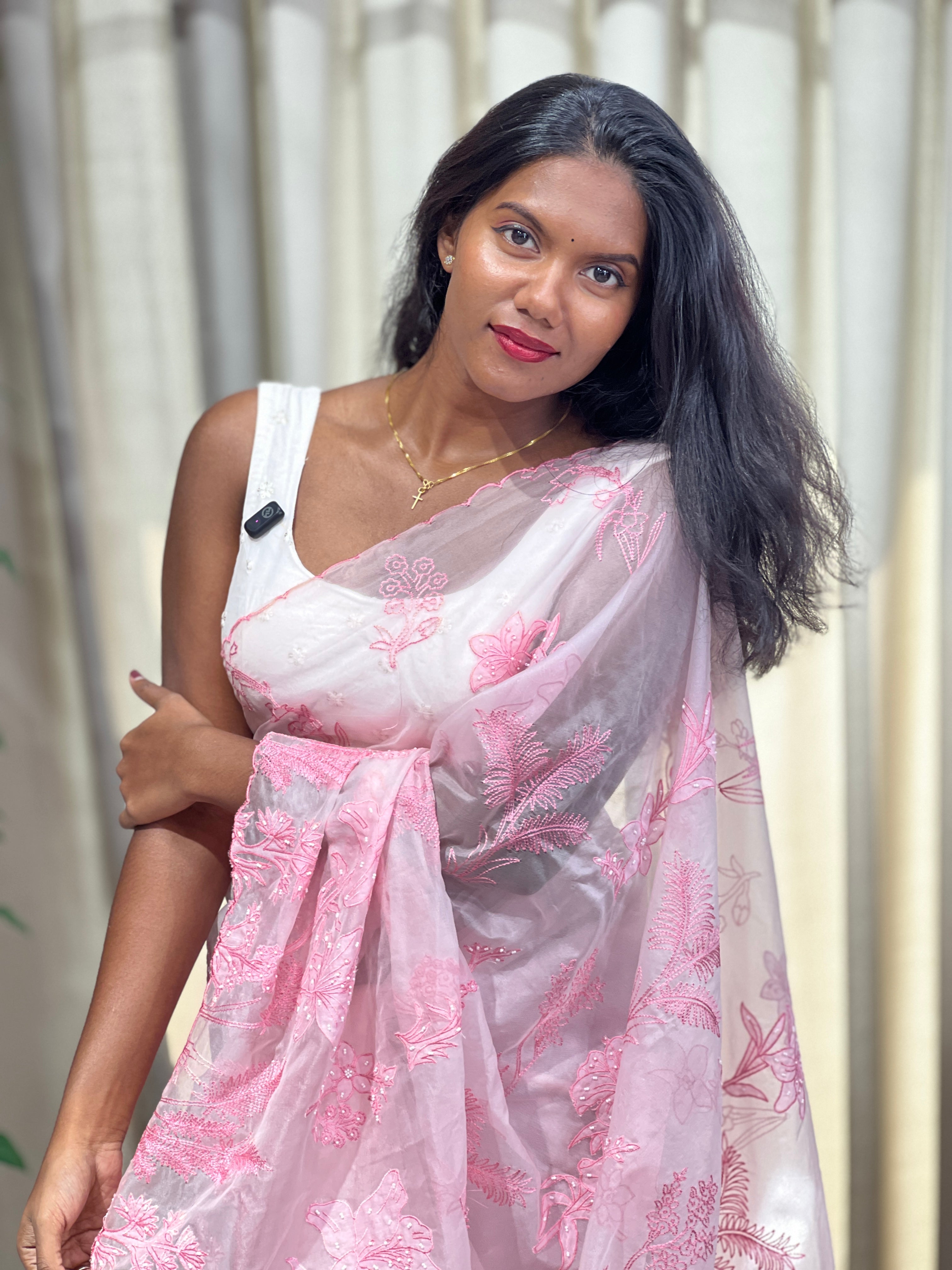 Floral Machine Embroidery And Applique Work Detailed Organza Saree | MM170