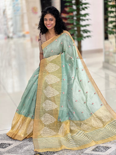 Cross Stitch Embroidered Silk Linen Saree | RGD218