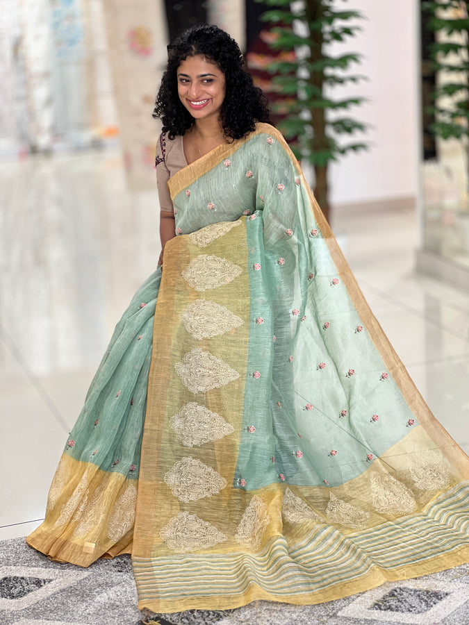 Cross Stitch Embroidered Silk Linen Saree | RGD218