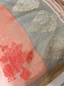 Cross Stitch Embroidered Silk Linen Saree | RGD217