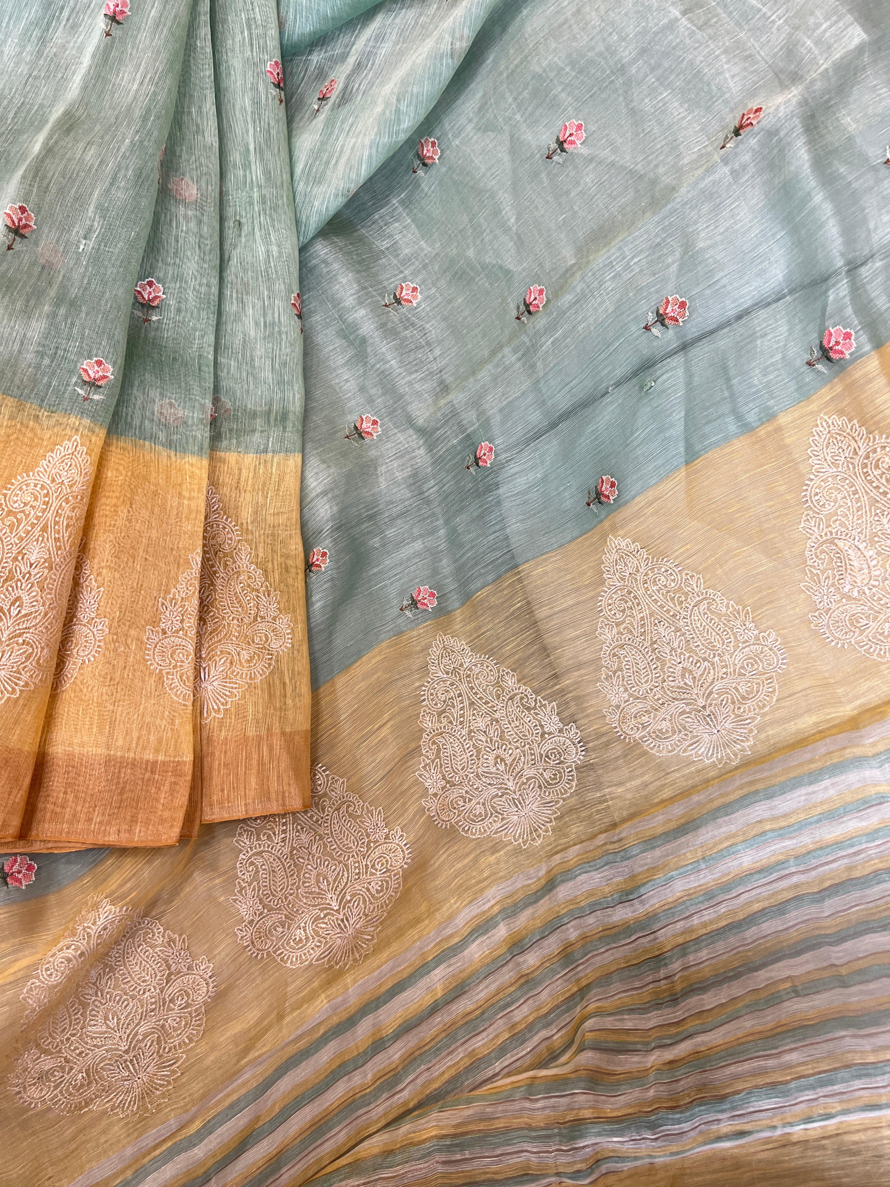 Cross Stitch Embroidered Silk Linen Saree | RGD218