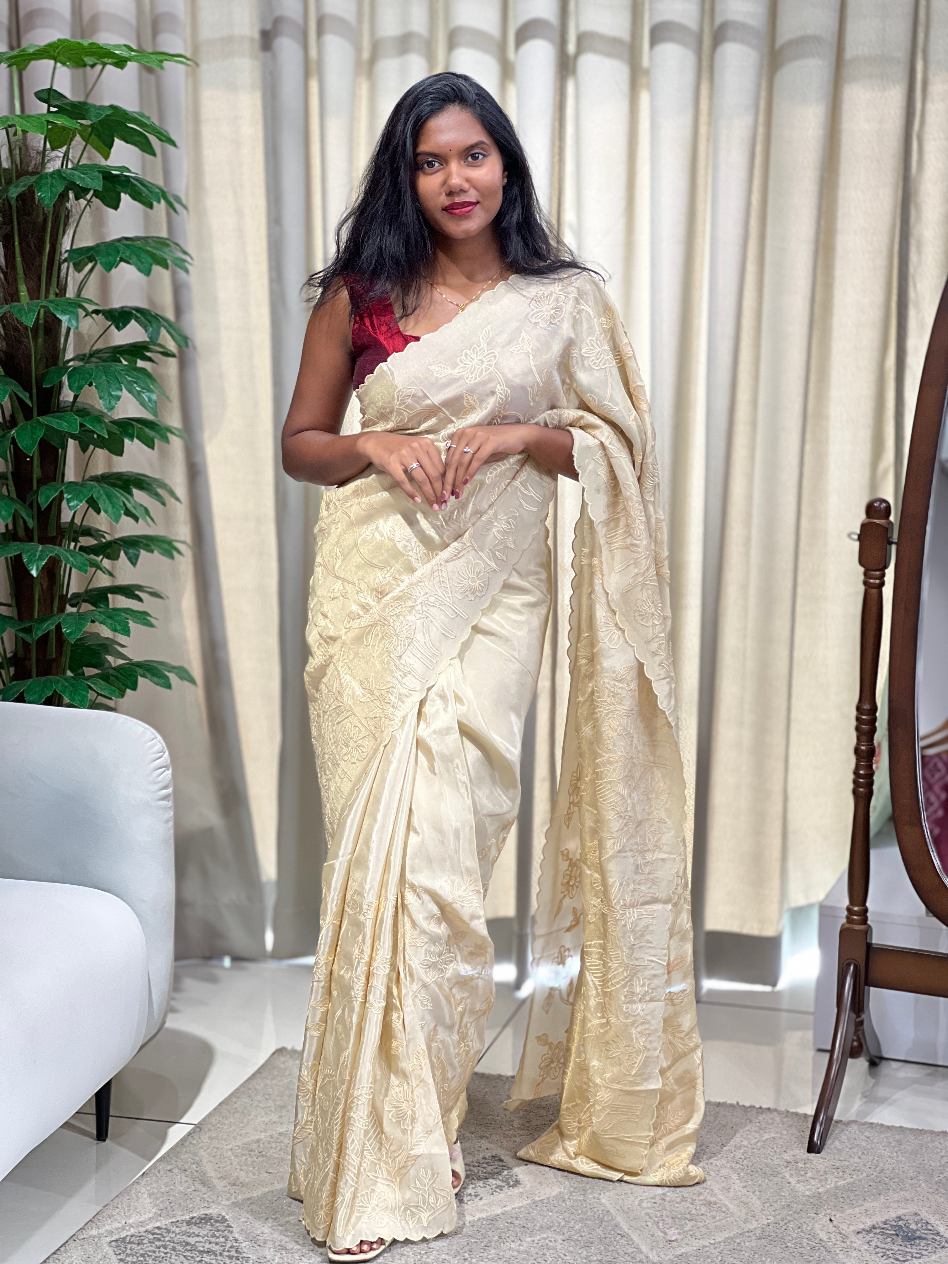 Floral Machine Embroidery Detailed Viscose Organza Saree | MM192