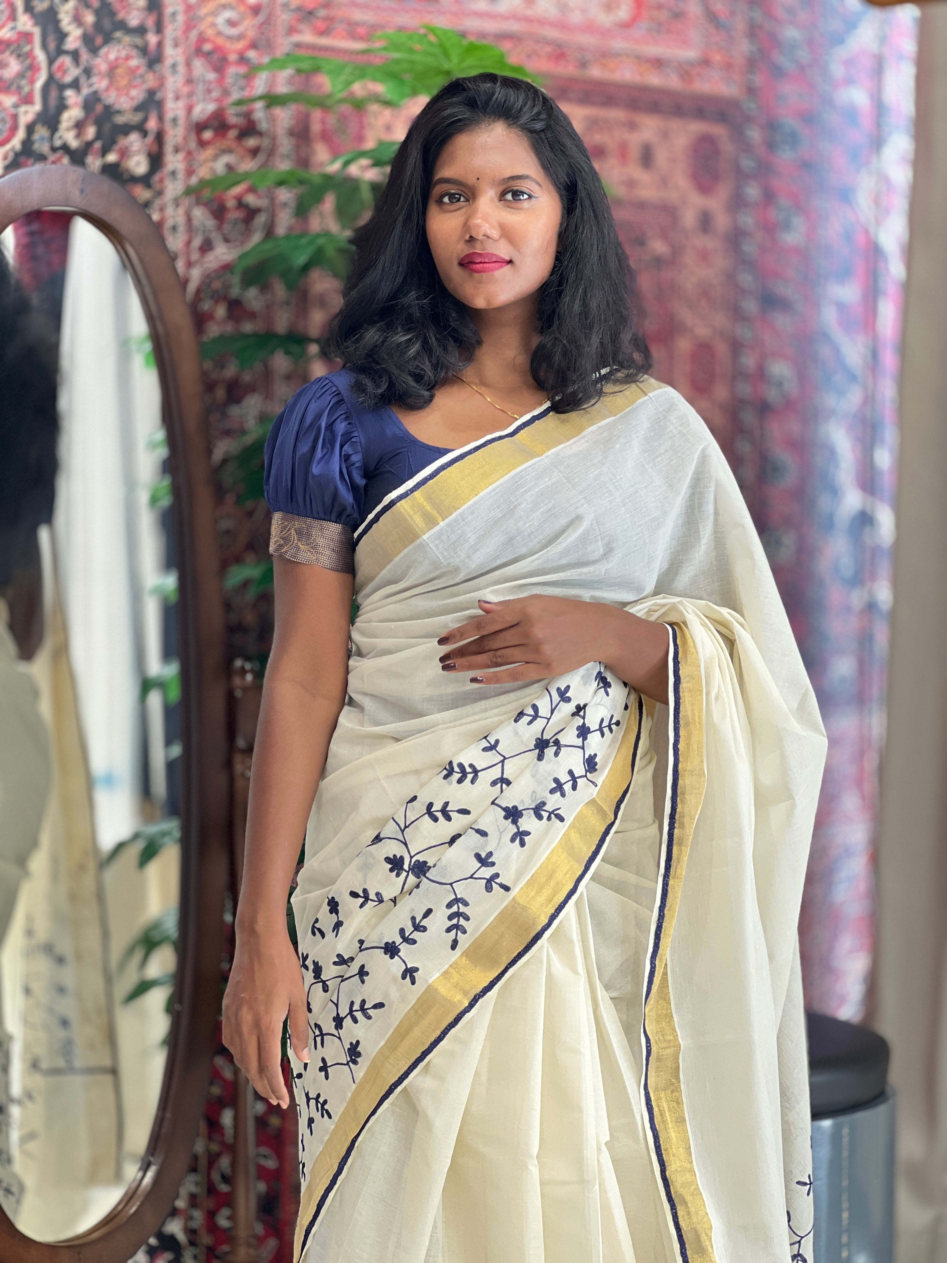 Machine Embroidery Detailed Kerala Cotton Saree | JSC298