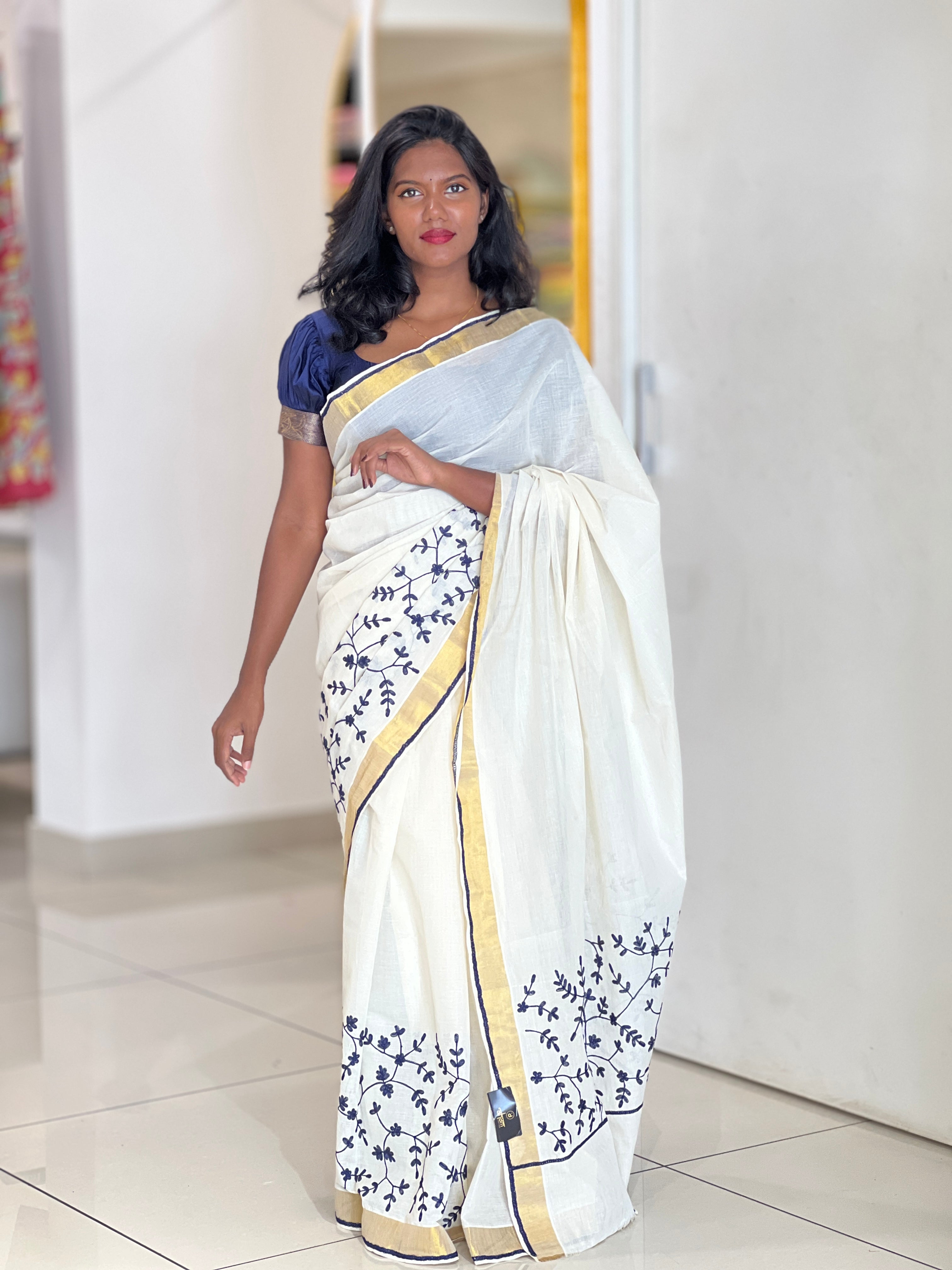 Machine Embroidery Detailed Kerala Cotton Saree | JSC298