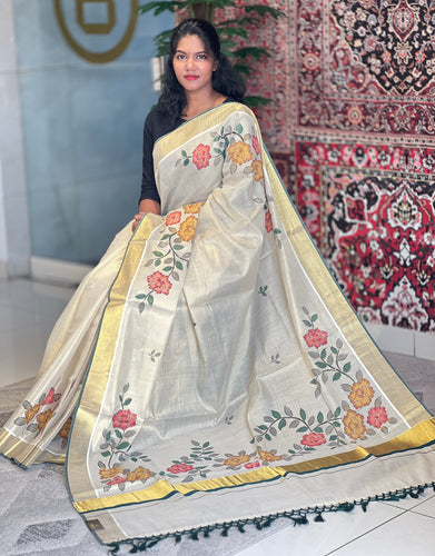 Hand Painted Tissue Kerala Saree | BLD449