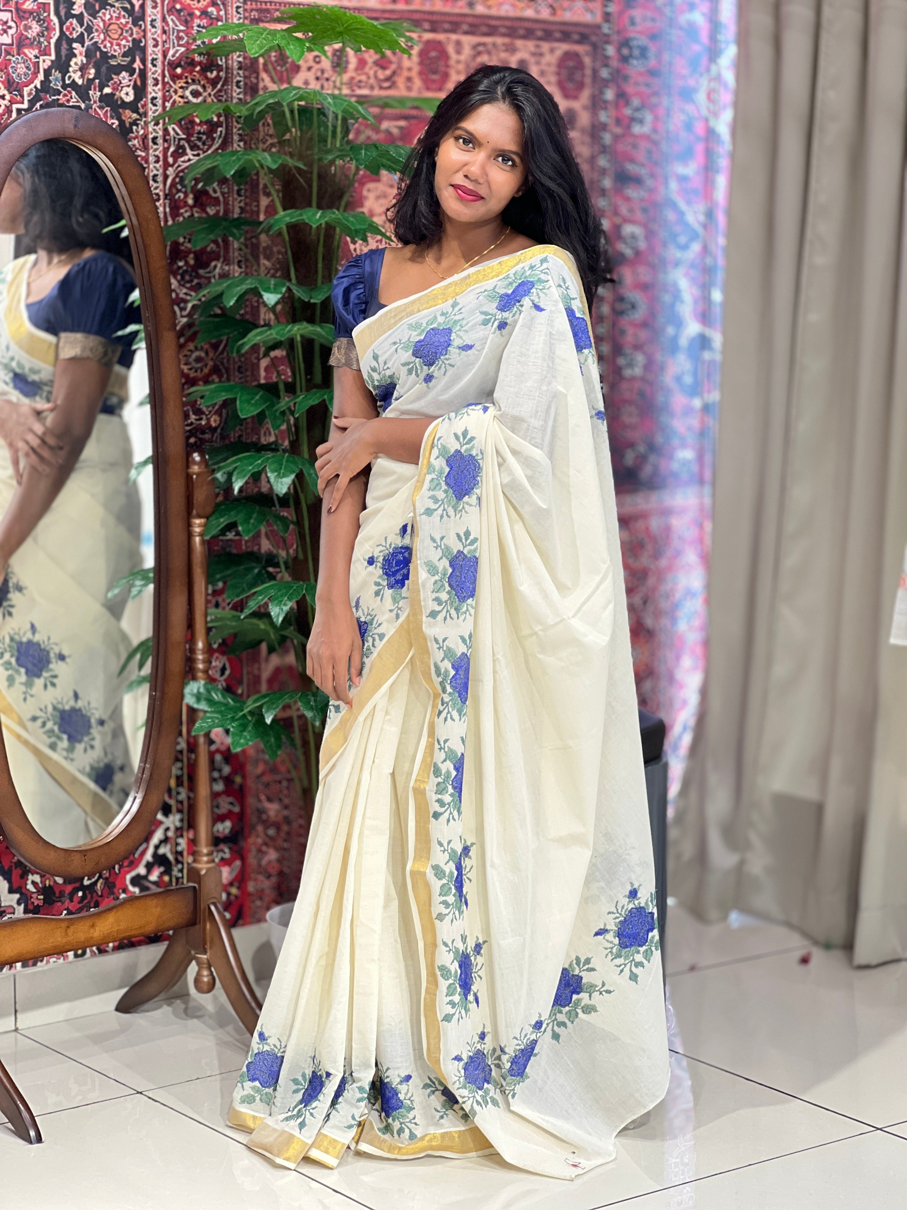 Floral Cross Stitch Embroidered Kerala Cotton Saree | JSC321
