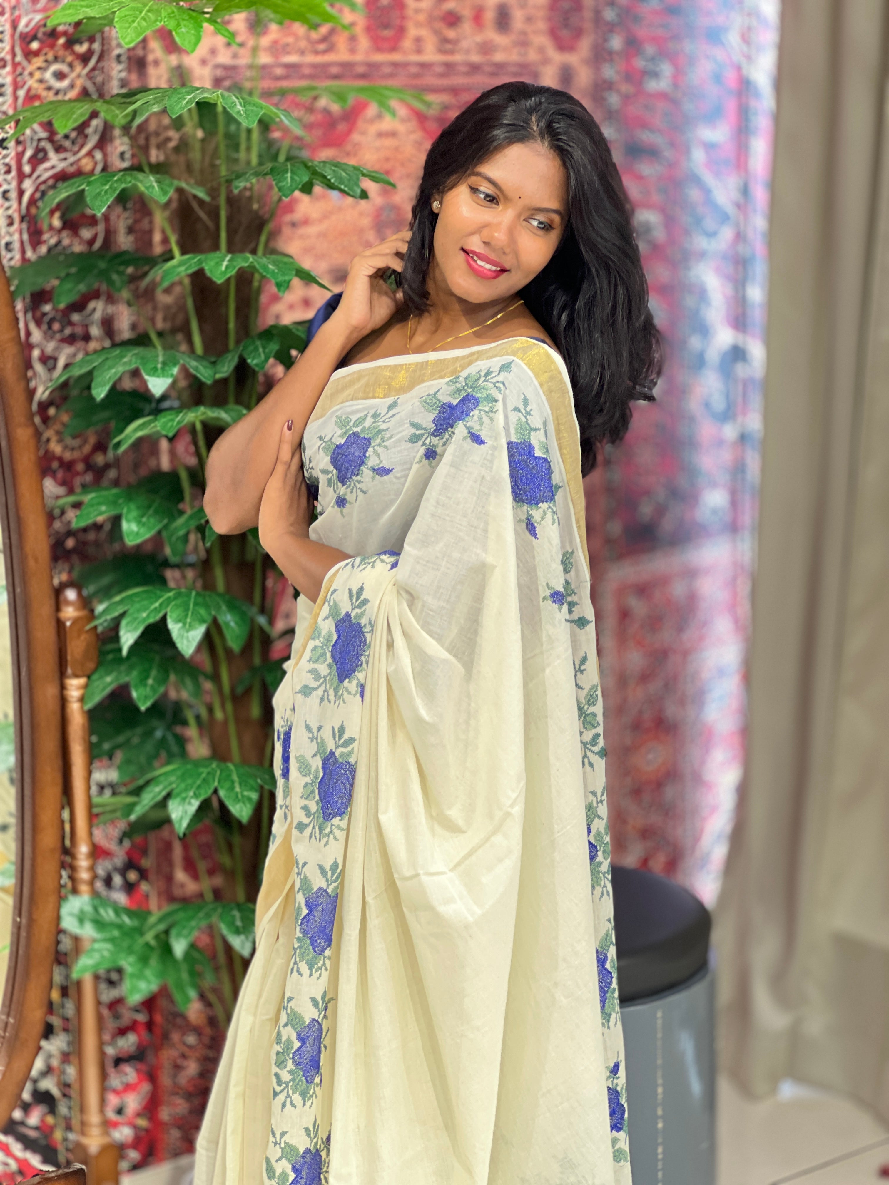 Floral Cross Stitch Embroidered Kerala Cotton Saree | JSC321