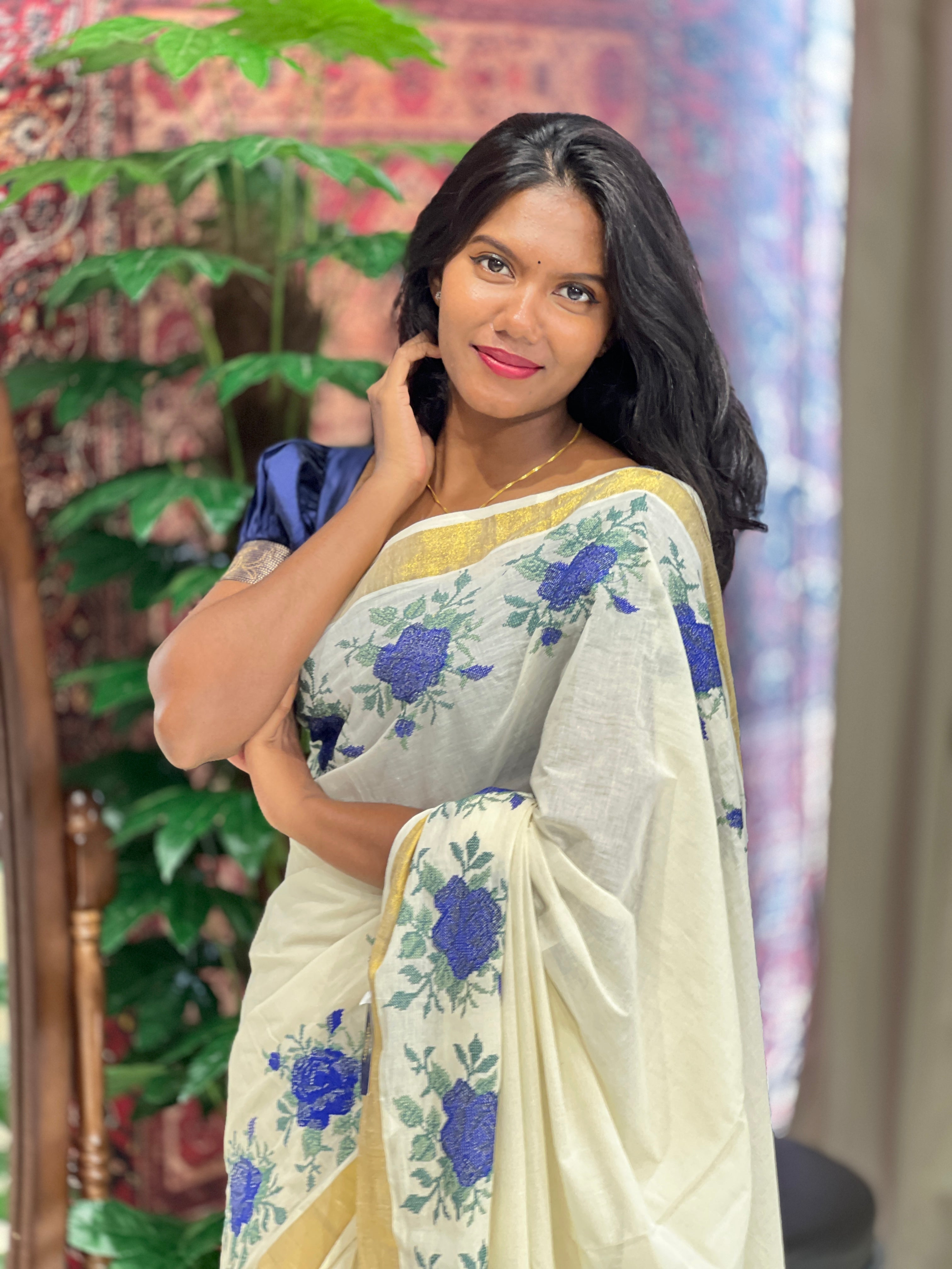 Floral Cross Stitch Embroidered Kerala Cotton Saree | JSC321