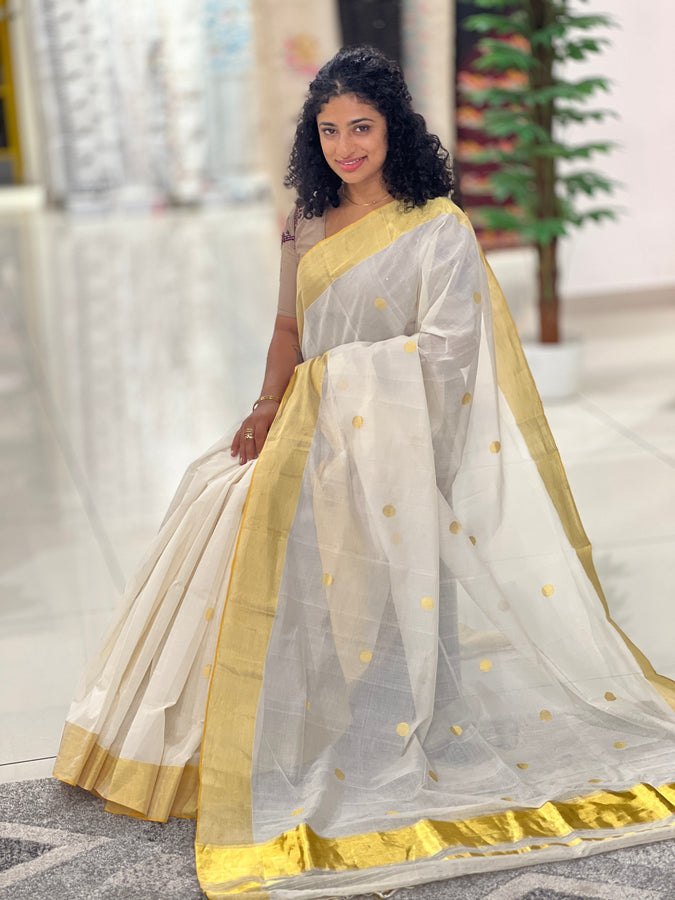 Polka Dot Patterned Balaramapuram Handloom Saree | KL300