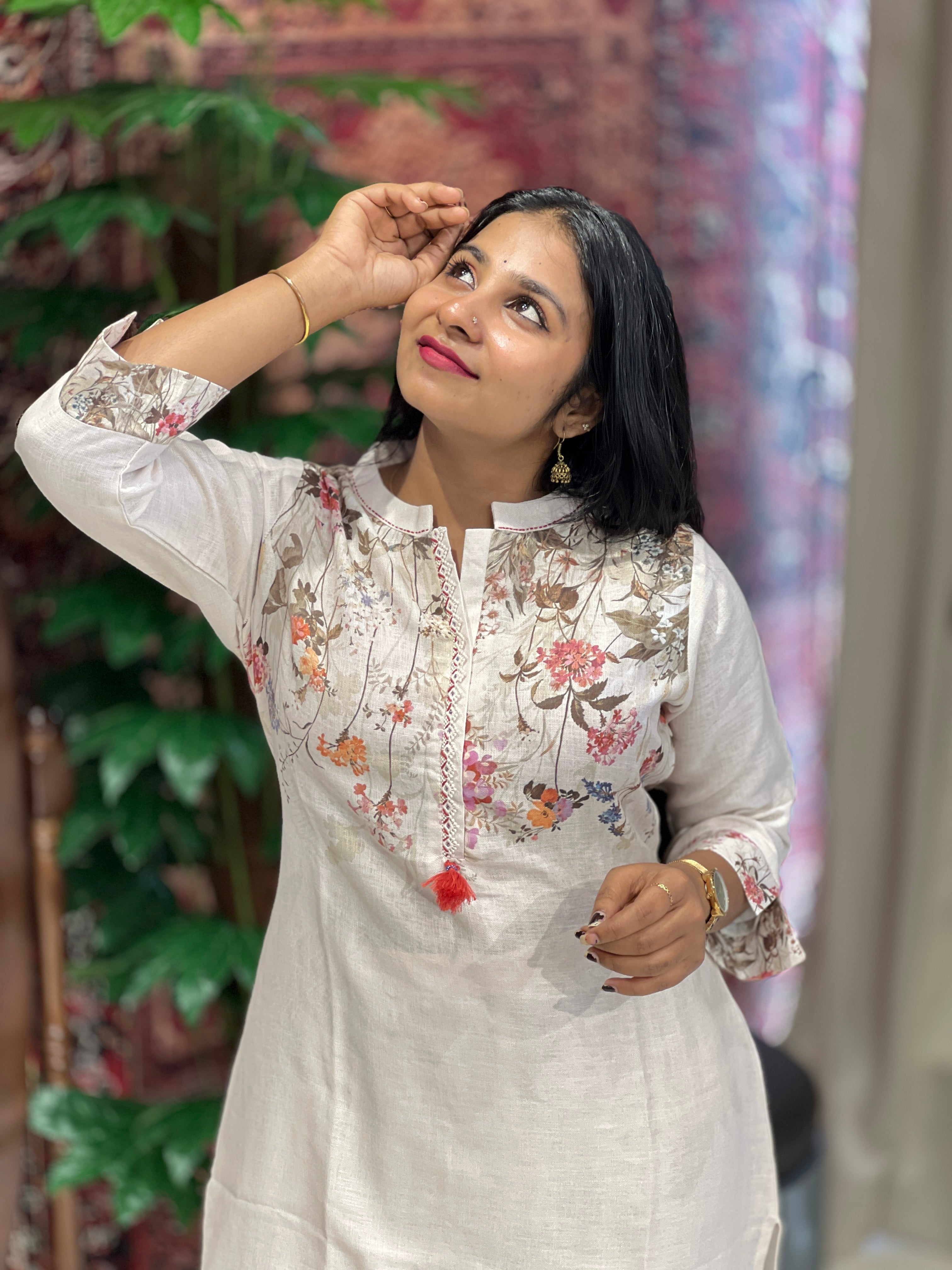 Co-Ord Set Floral Printed Linen Short Kurta | NIO102