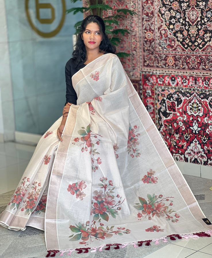 Floral Design Digital Printed Sliver Tissue Saree | GAT238