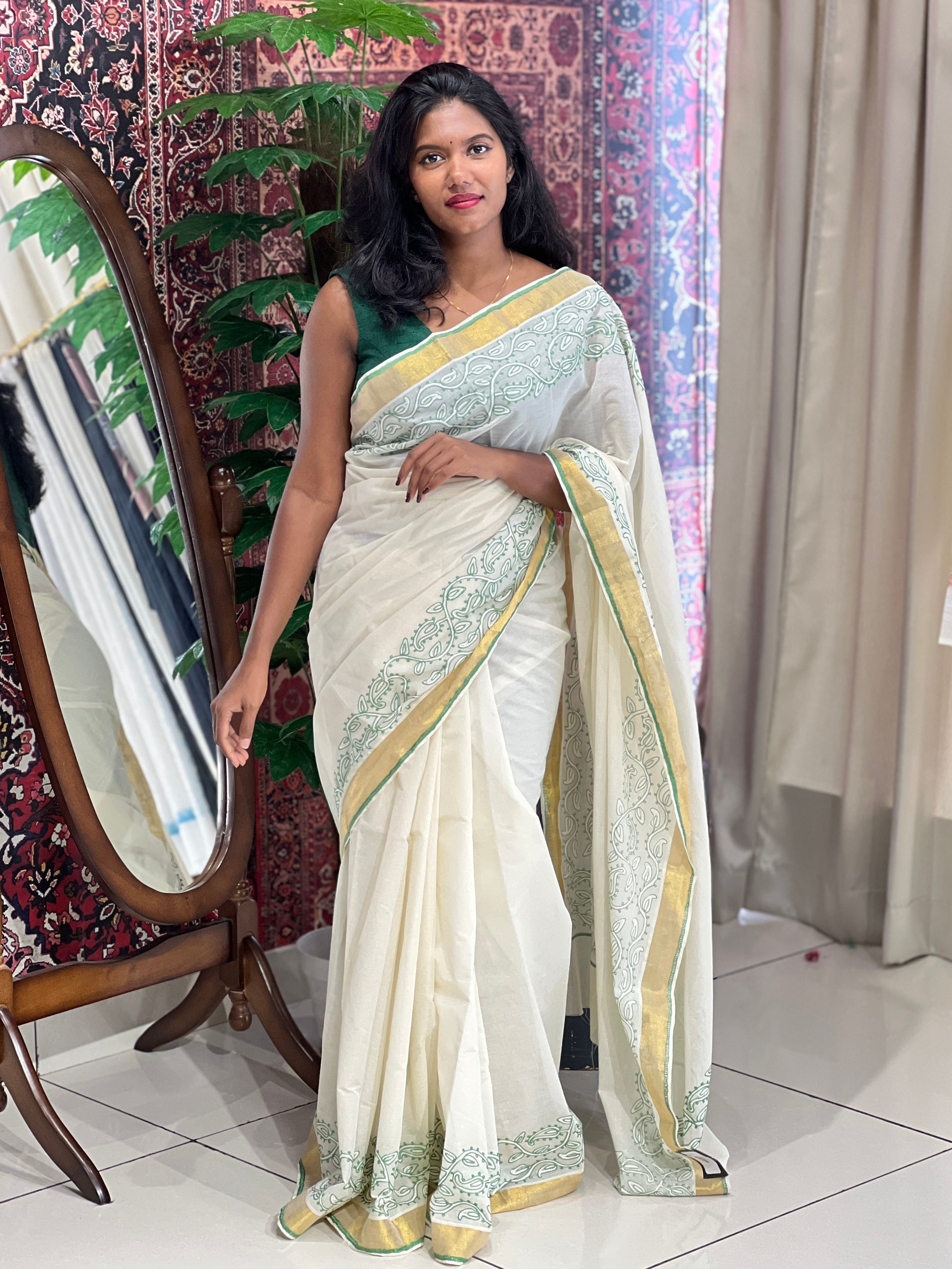 Paisley Embroidery Detailed Kerala Cotton Saree | JSC295
