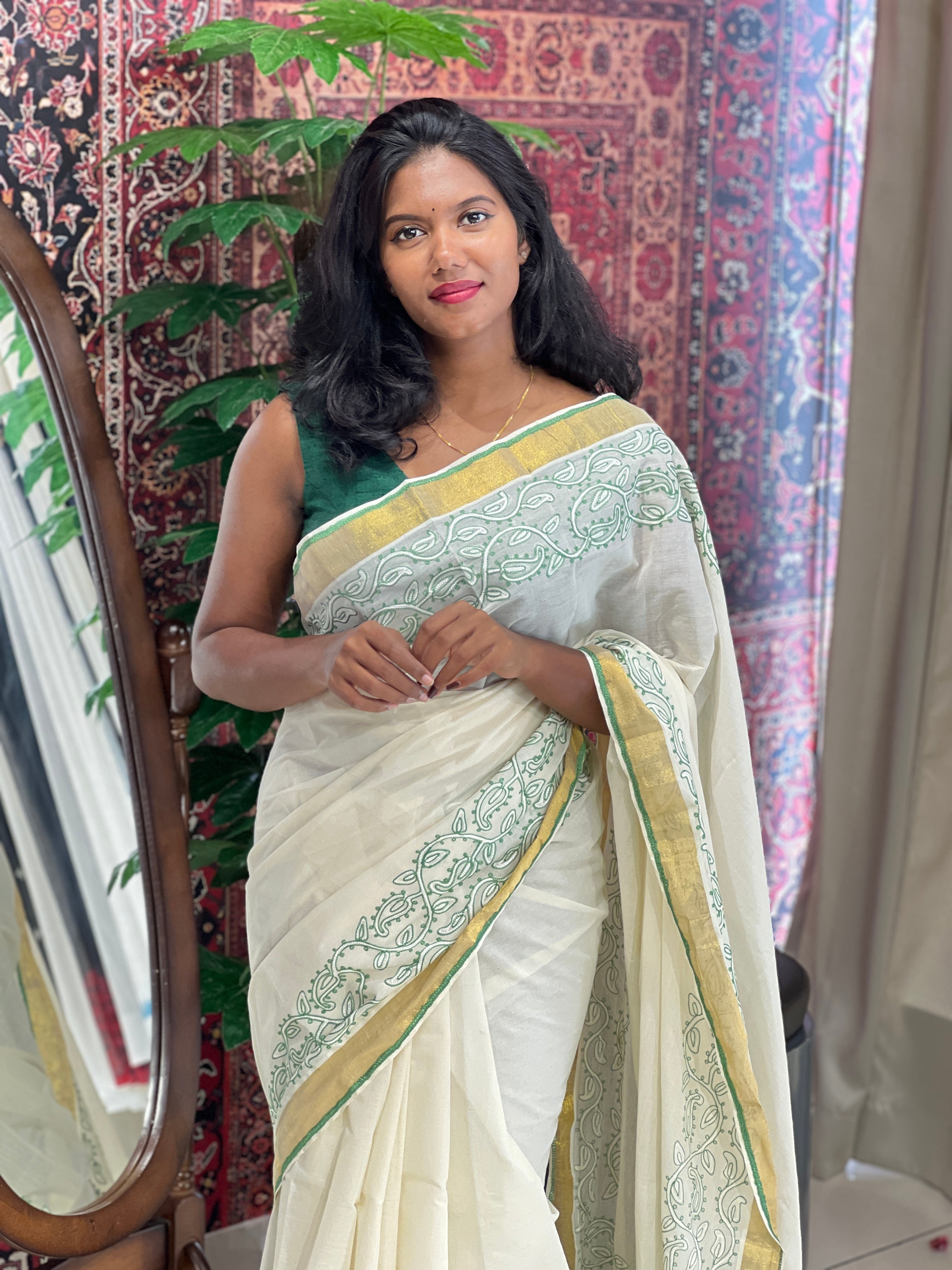Paisley Embroidery Detailed Kerala Cotton Saree | JSC295