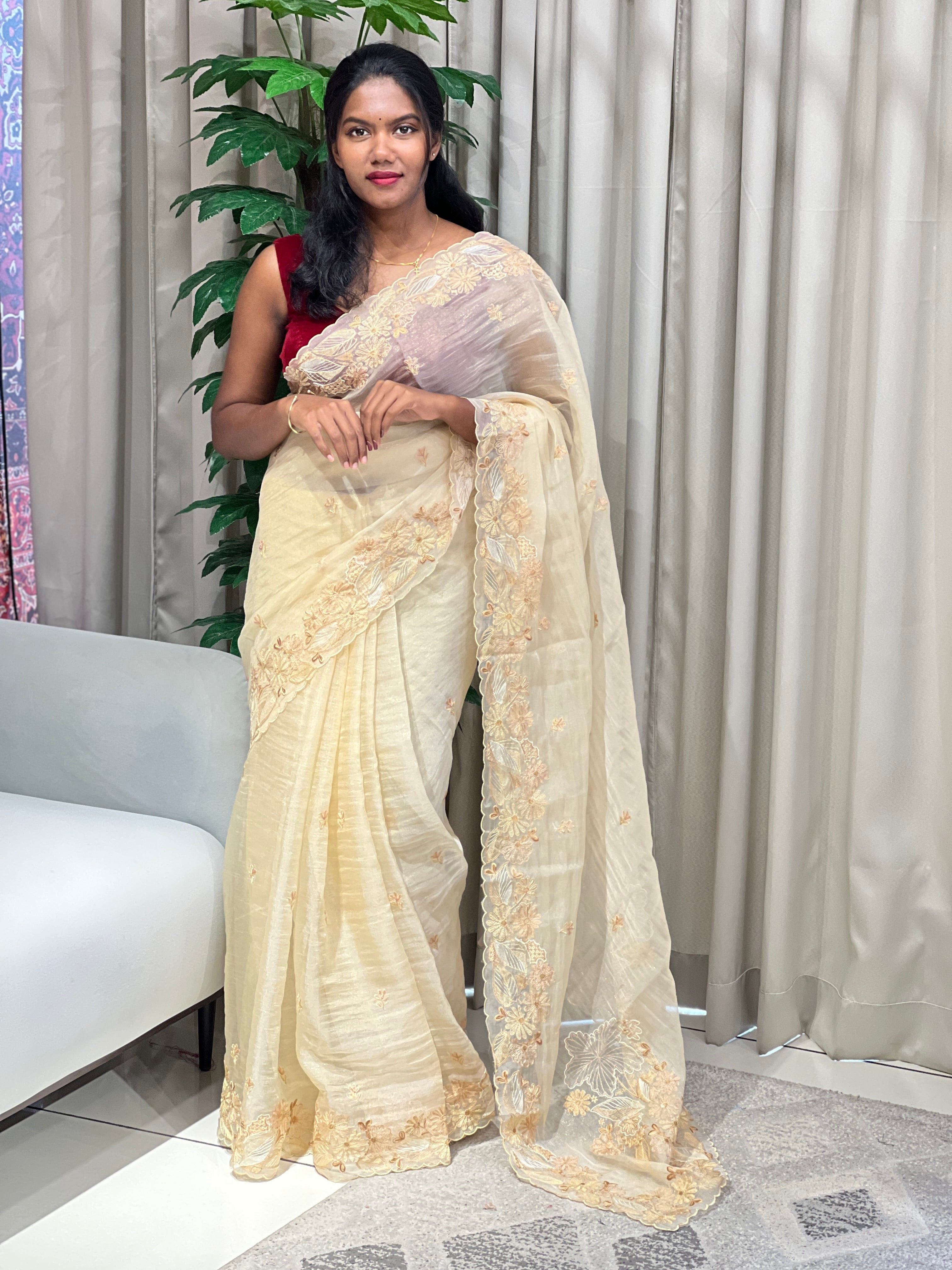 Floral Machine Embroidery Detailed Crushed Tissue Organza Saree | BLD2037