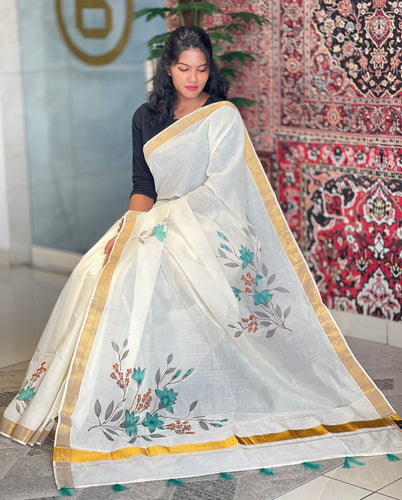 Floral Printed Kerala Cotton Saree | BLD446
