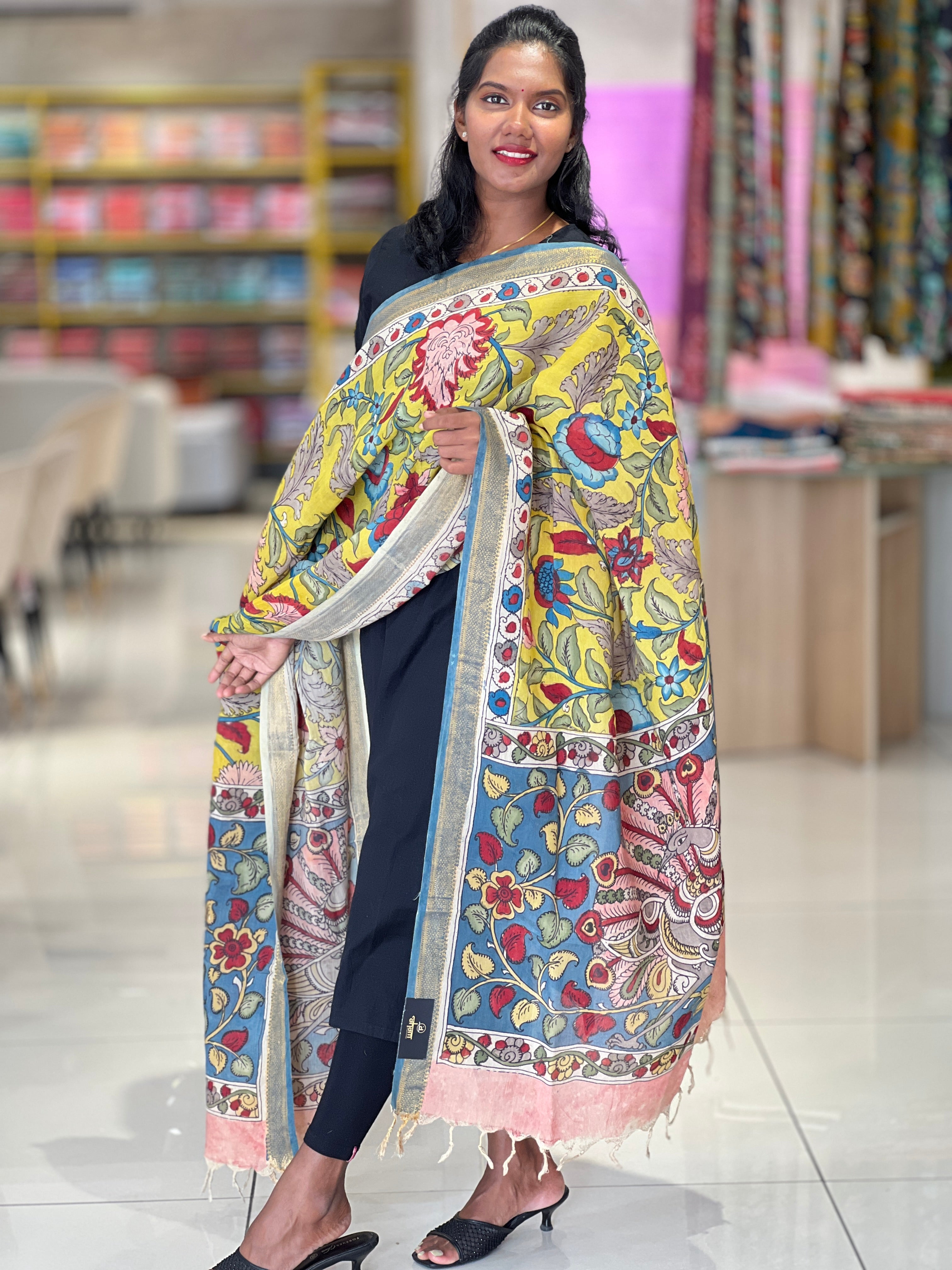 Traditional Pen Kalamkari With Zari Border Detailed Chanderi Dupatta | DE199