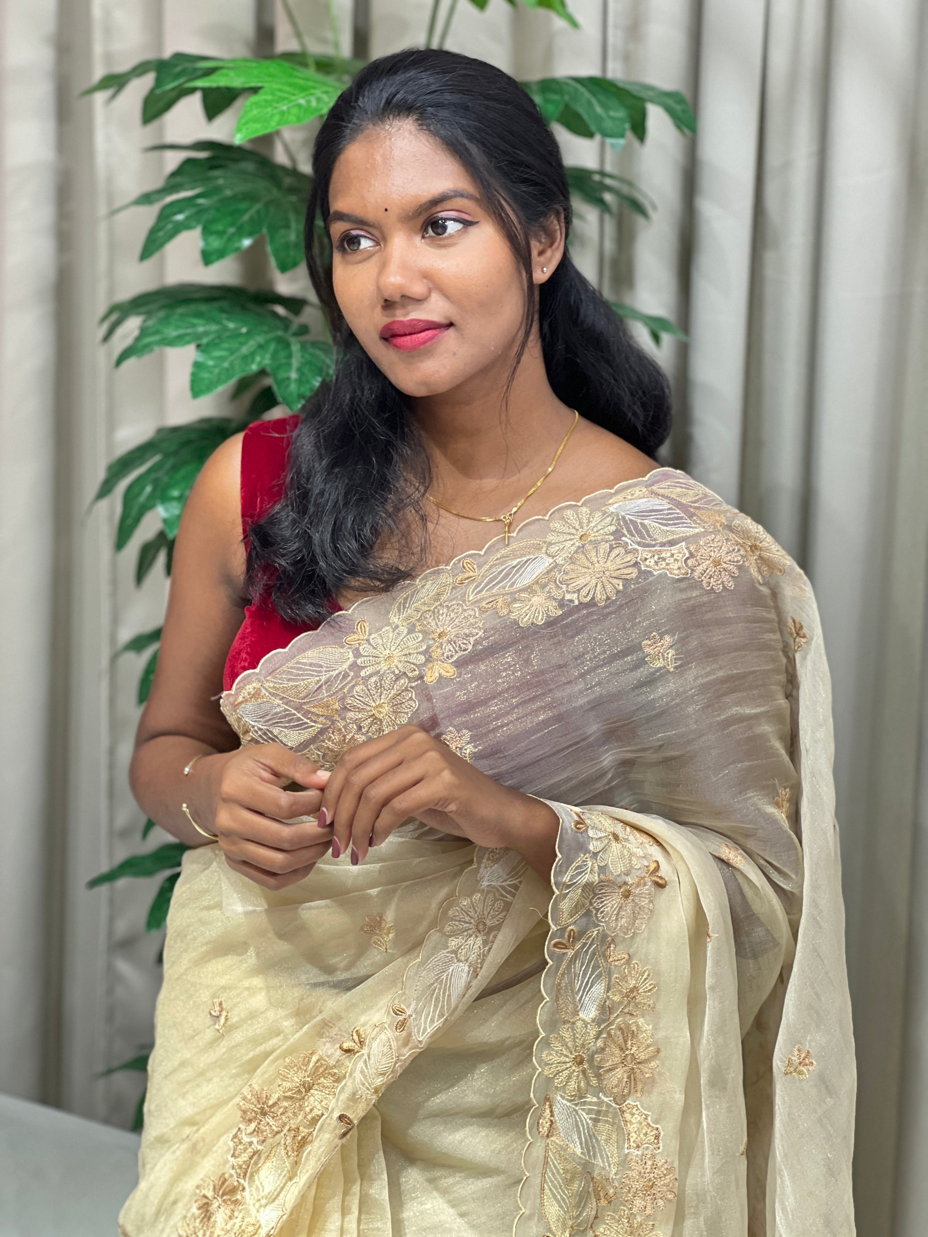 Floral Machine Embroidery Detailed Crushed Tissue Organza Saree | BLD2037