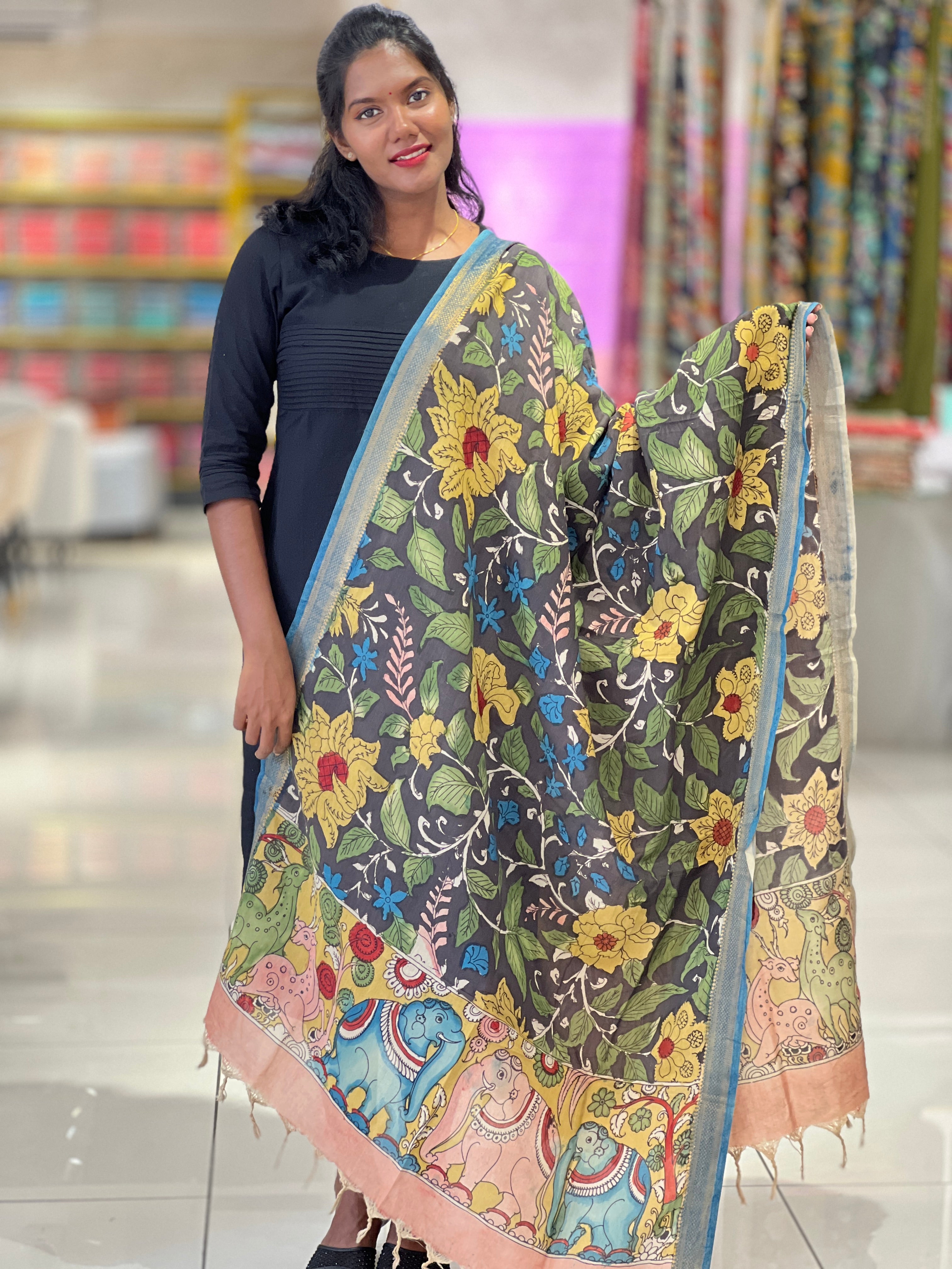 Traditional Pen Kalamkari With Mangalgiri Border Detailed Chanderi Dupatta | DE198