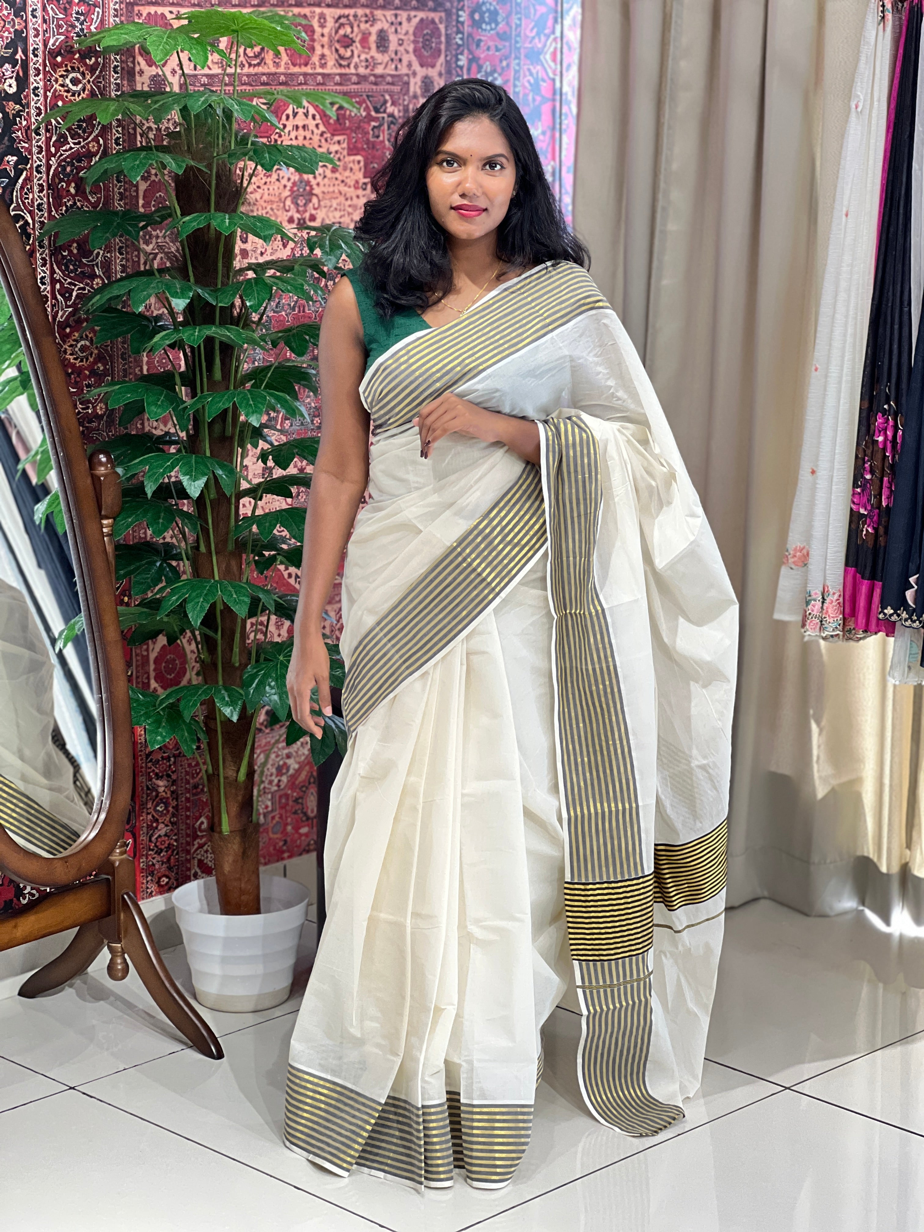 Stripes Detailed Kerala Cotton Saree | KL420