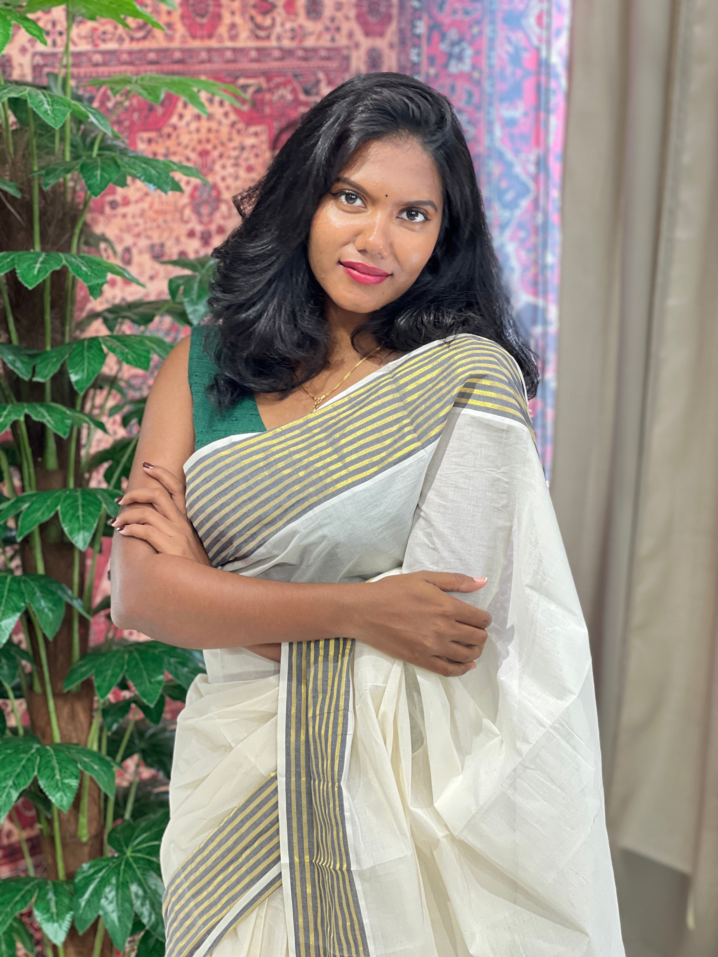Stripes Detailed Kerala Cotton Saree | KL420