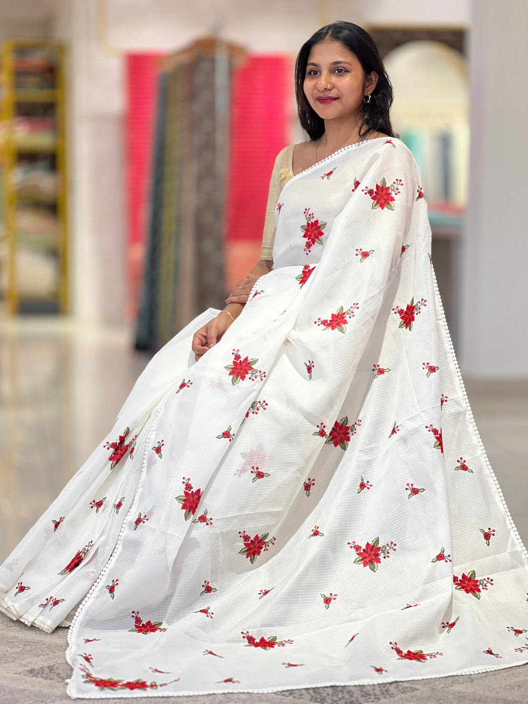 Cross Stitch Floral Embroidered Silky Kota Saree | BLD862