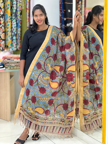 Pen Kalamkari With Mangalgiri Border Detailed Chanderi Dupatta | DE200