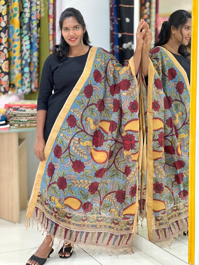 Pen Kalamkari With Mangalgiri Border Detailed Chanderi Dupatta | DE200
