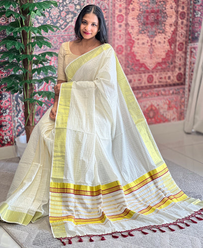 Line Weaving Pattern Tissue Kerala Saree | GAT161