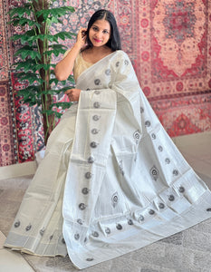 Kerala Cotton Saree With Block Print Detailing | SB234