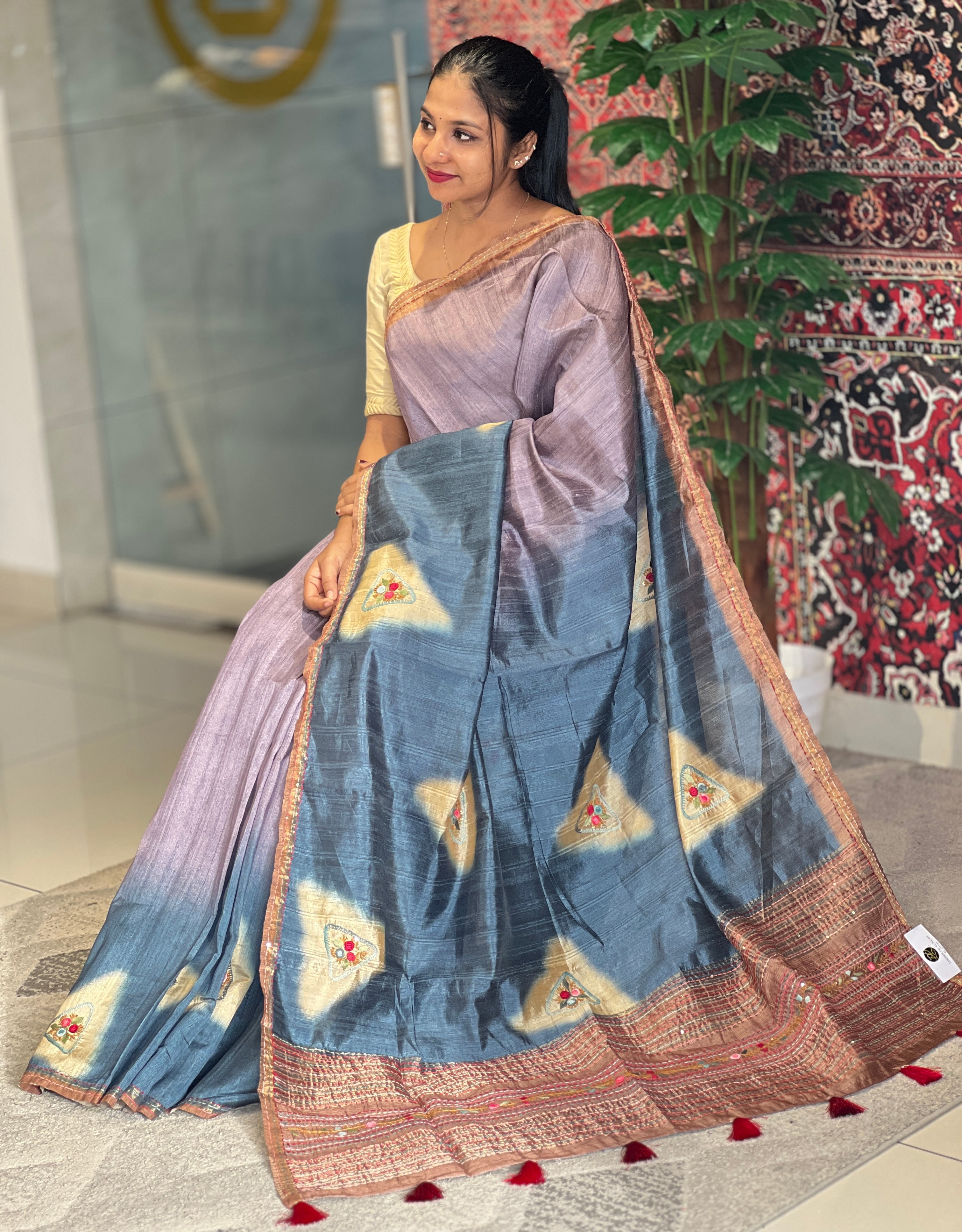 Hand Embroidery With Sequence Detailed Semi Tussar Saree | BLD799