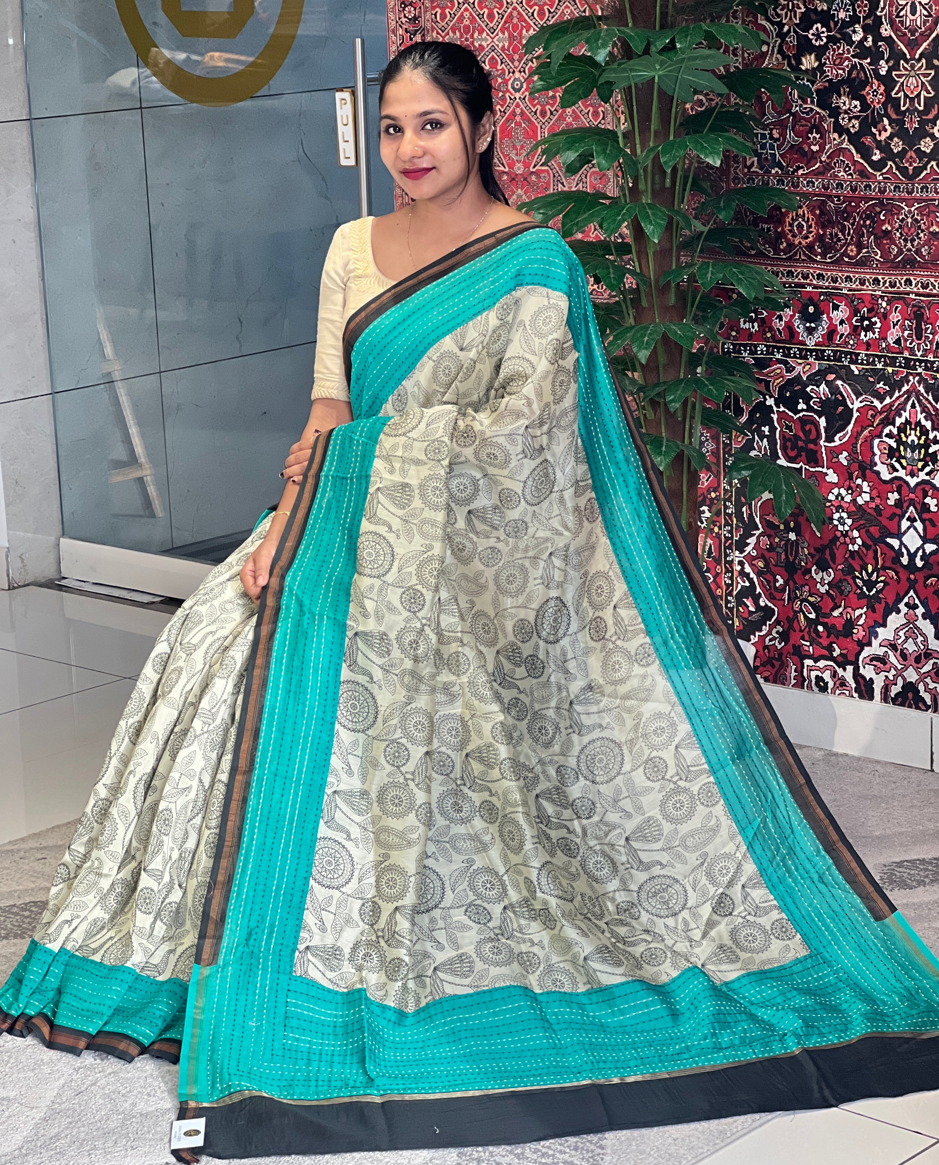 Print With Kantha Border Detailed Chanderi Silk Saree | RGD438