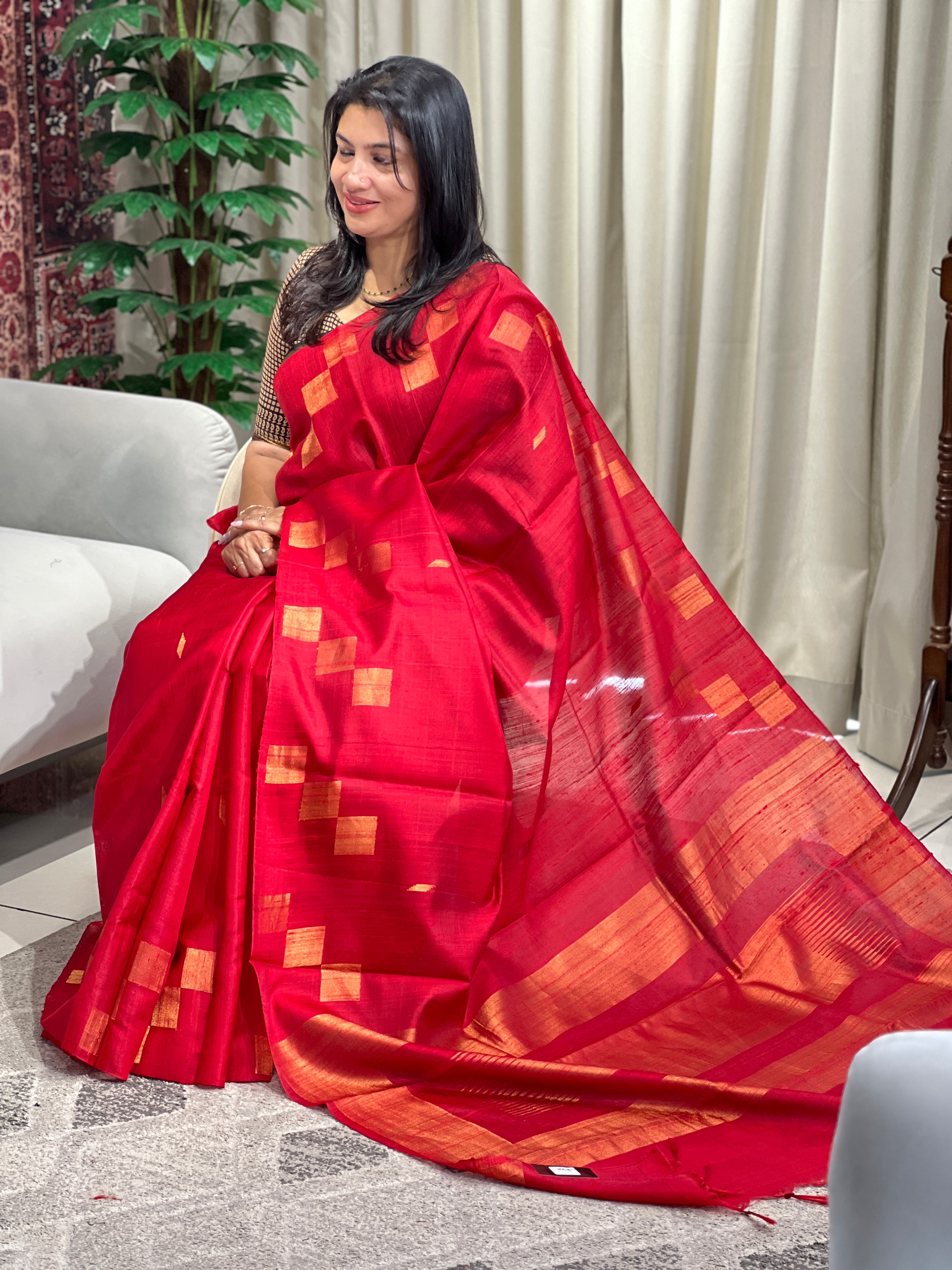 Geometrical Patterned Zari Woven Raw Silk Saree | HS1385