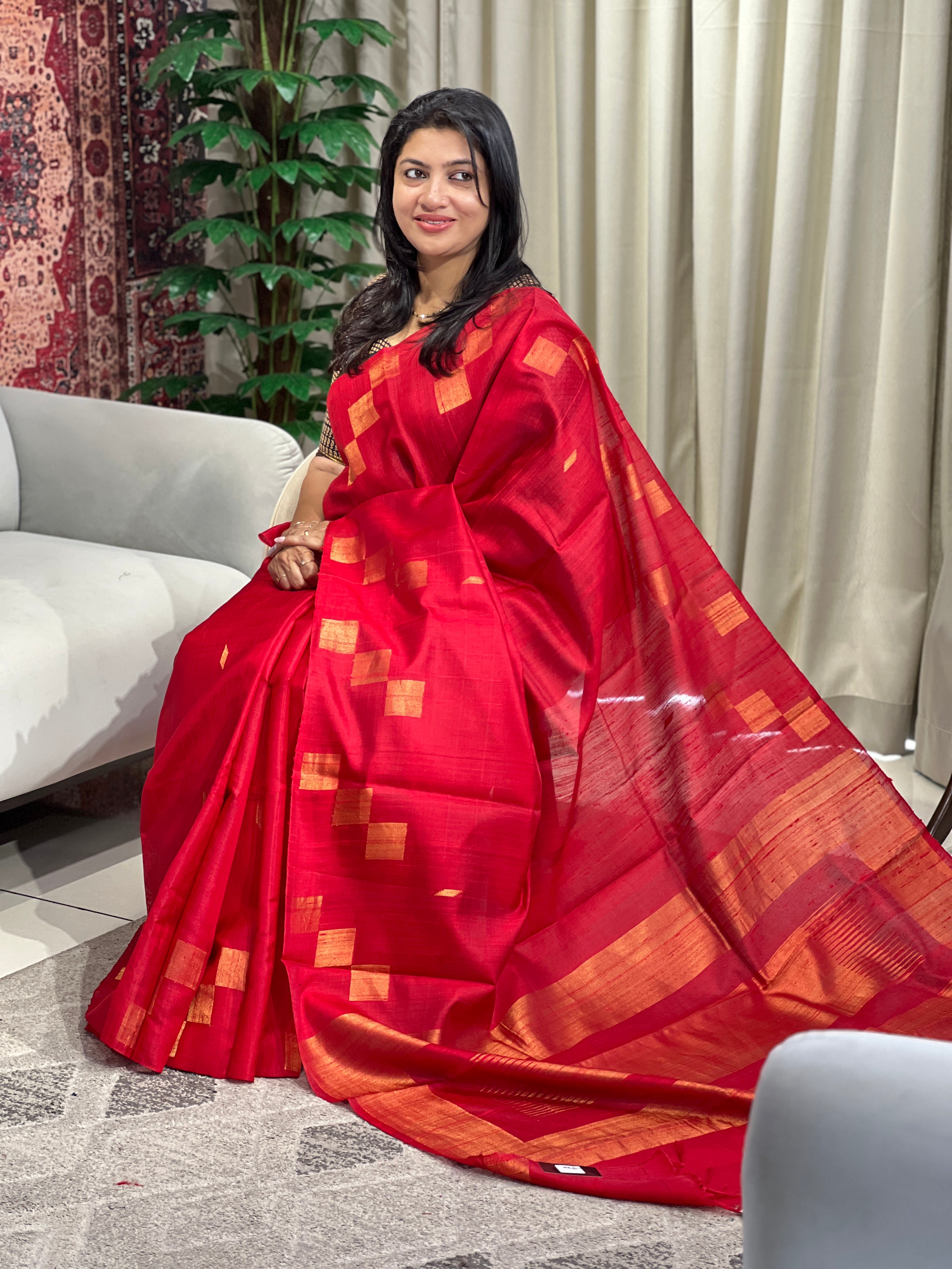 Geometrical Patterned Zari Woven Raw Silk Saree | HS1385