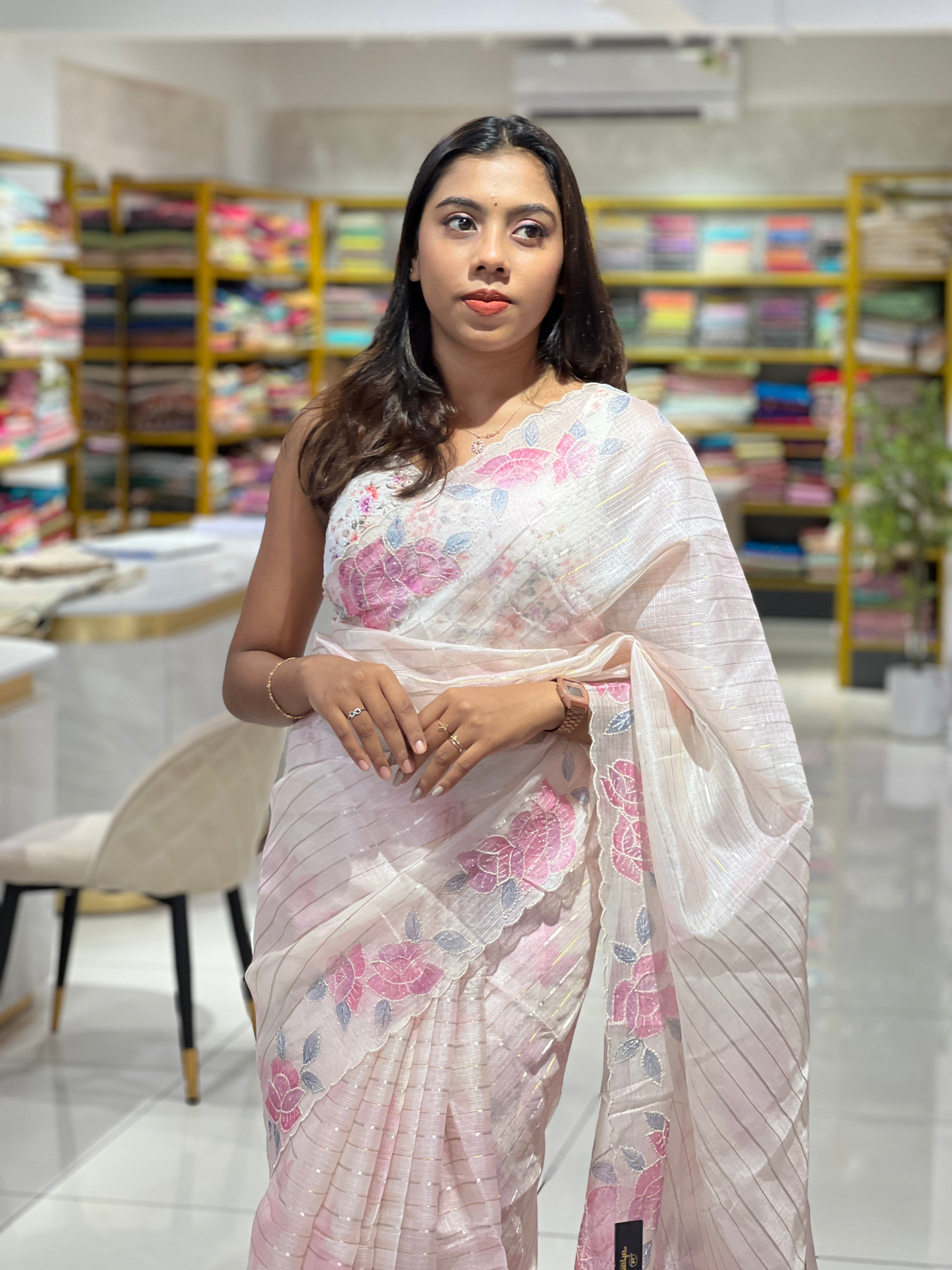 Zari Stripe With Floral Paint Detailed Silky Kota Saree | SBS1350